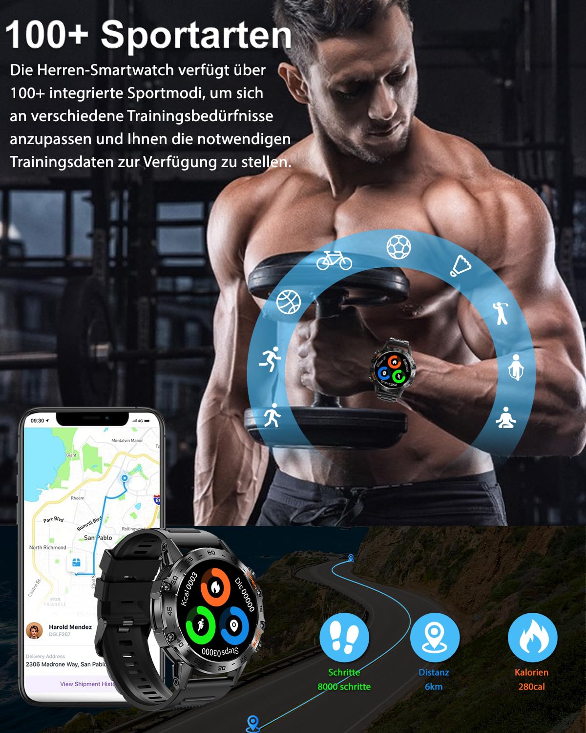 Herren Smartwatch Mit Metallarmband, 1,39 Zoll HD Robuste Militär Smart Watch Mit Herzfrequenz, Blutdruck, Schlafüberwachung Für Android Ios Samsung, 100+ Sportmodi Sportuhr