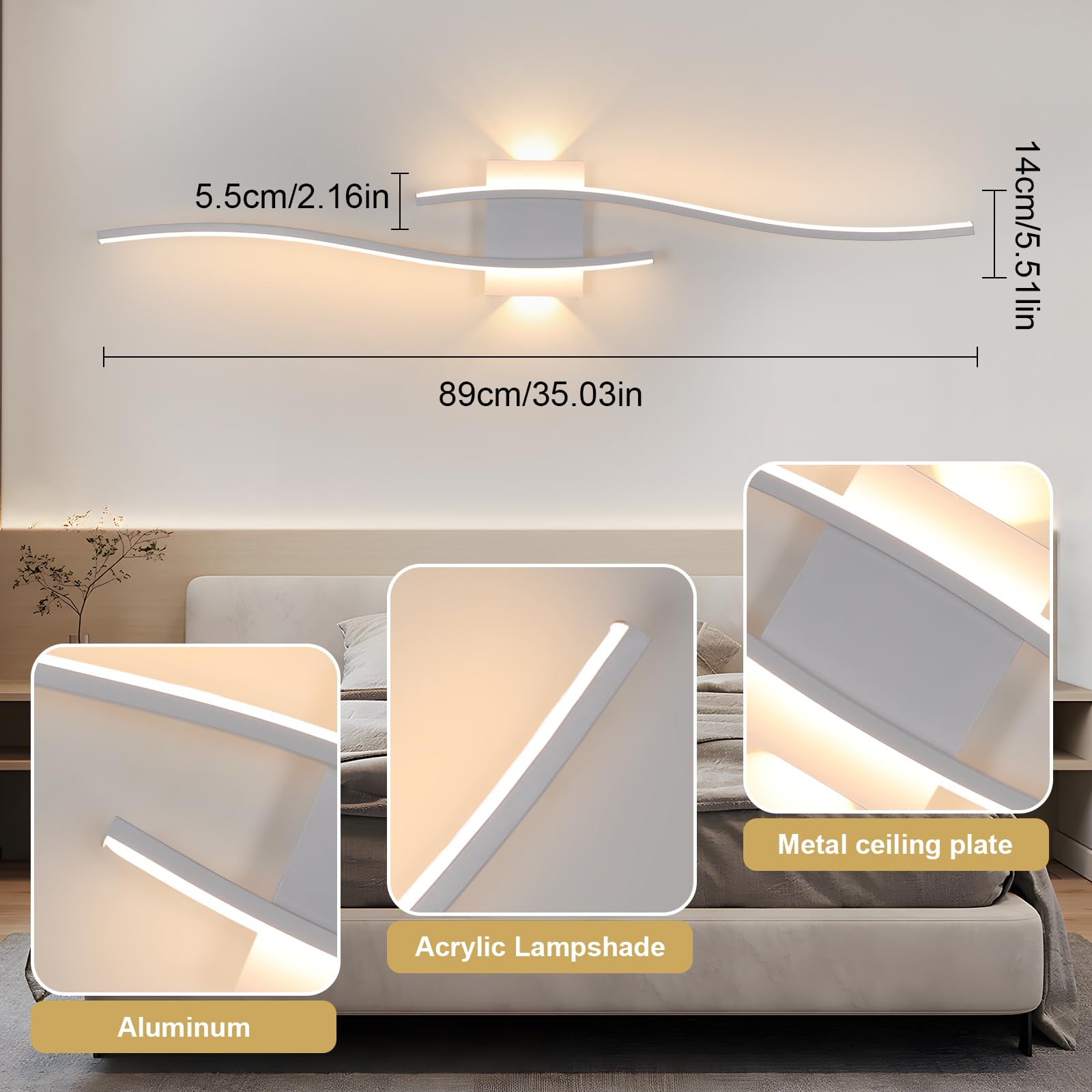 DELIPOP Lámpara de Pared Moderna LED, 27W Blanco Aplique de Pared con Forma Curva, Luz Cálida 3000K Iluminación Interior para Dormitorio Salón Pasillo Oficina