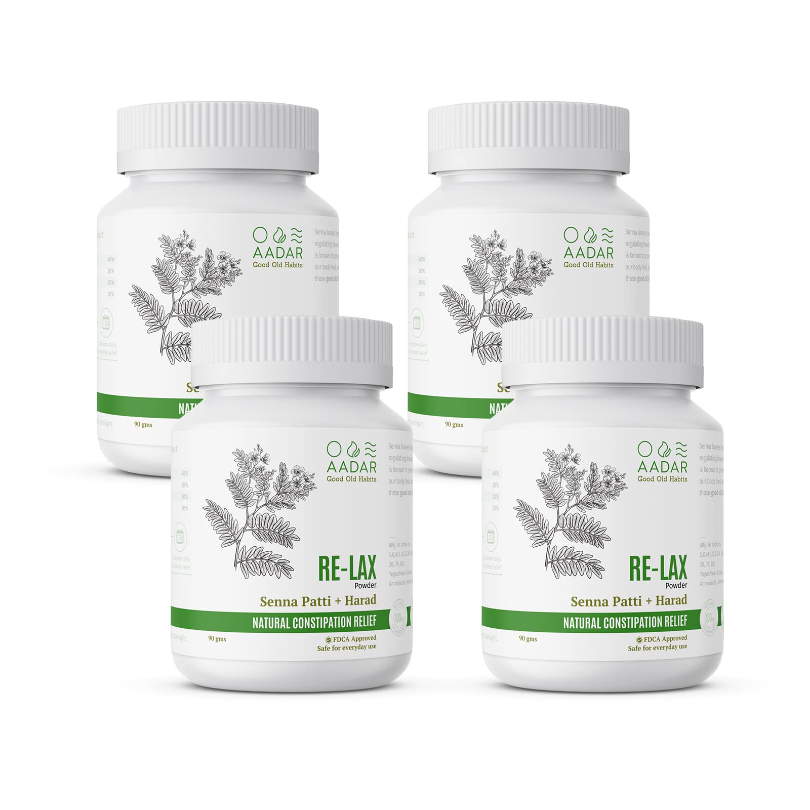 AADARAyurvedic Re-LAX Powder for Constipation Relief | Natural Laxative, Improves Digestion & Gastric Relief, 90 gm (Pack of 4) - with Senna, Haritaki (Harade), Ajwain