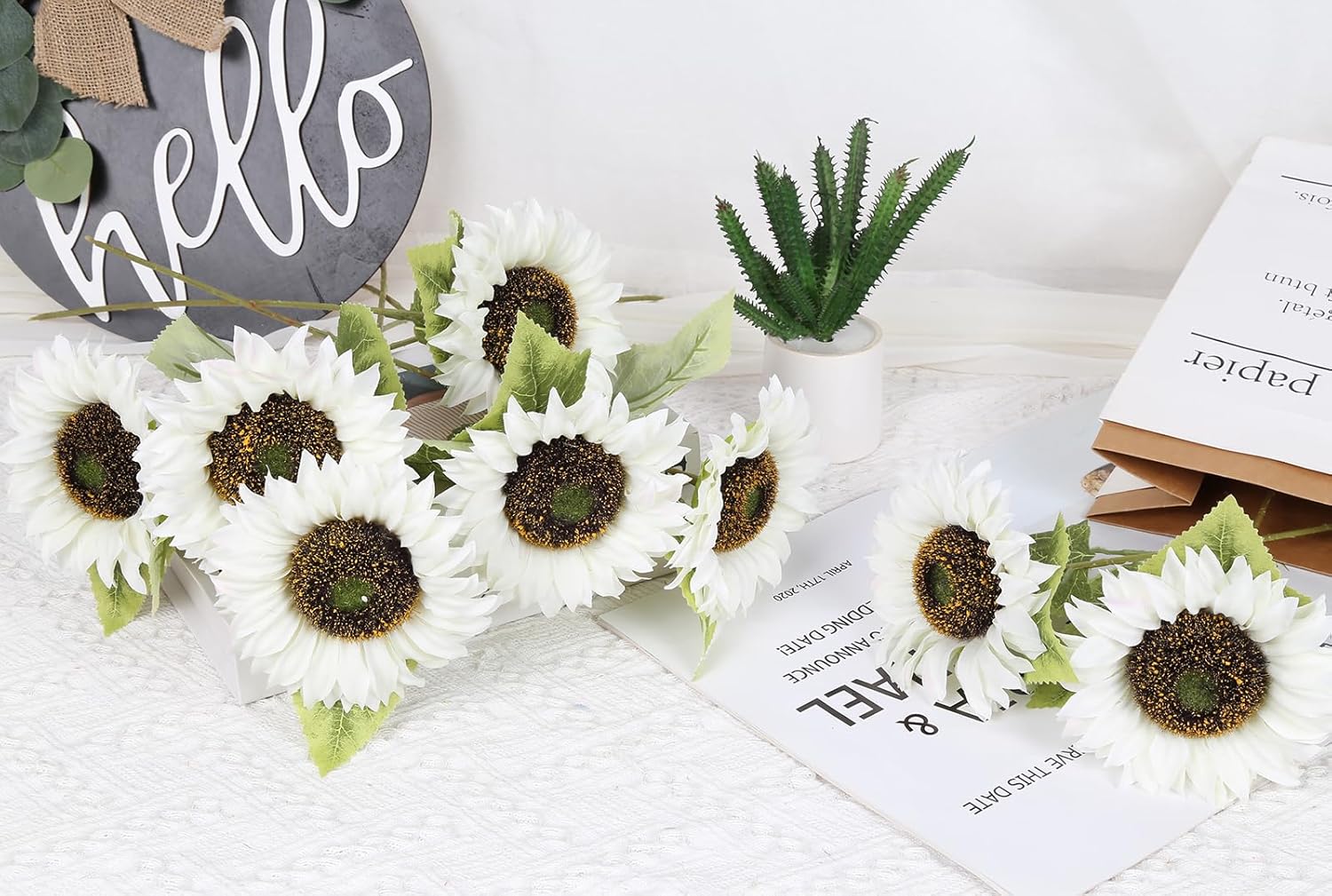 IPOPU Artificial Sunflowers 20" Sunflowers Artificial Flowers 8PCS Long Stem Sunflowers with Leaves Large Silk Fake Sunflowers Decoration for Outdoor Home Party Wedding DIY Decor(White) - Image 2