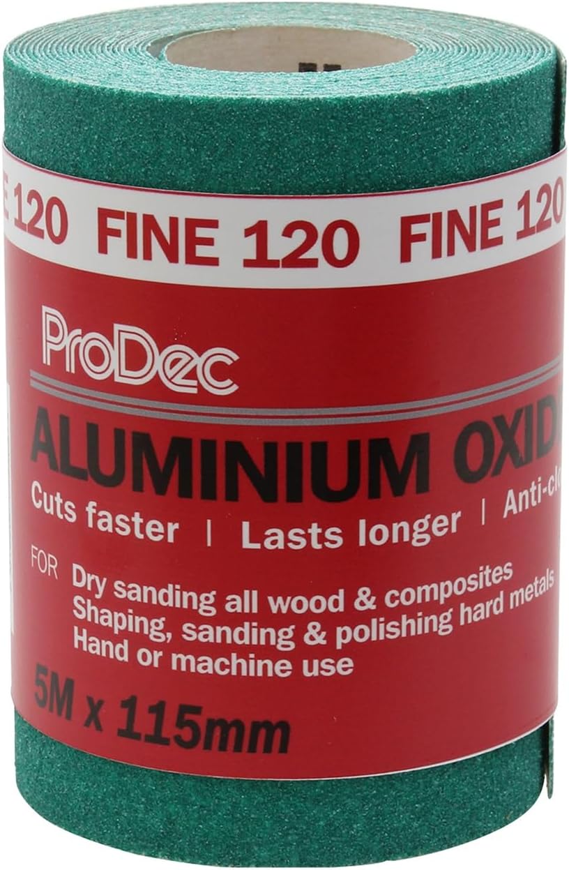 ProDec 5m Roll 120 Grit Fine Grade Green Aluminium Oxide Abrasive Sanding Paper for Sanding Wood, Paint, Plaster, Filler, Metal and More, 115mm Wide Sandpaper Compatible with Machine Sanders