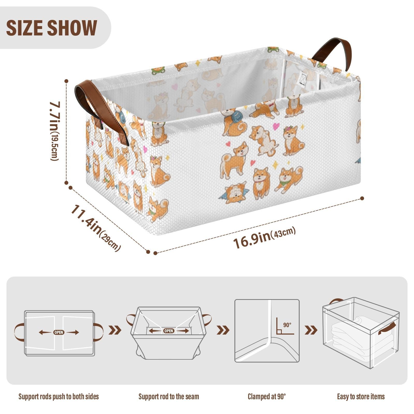 Fygkptb Funny Orange Shiba Inu Dogs in Different Poses 1 PC Rectangle Foldable Frame Basket Leather Handles Storage Bin for Laundry Bathroom Organizer 16.9 x 11.4 x 7.7 inch