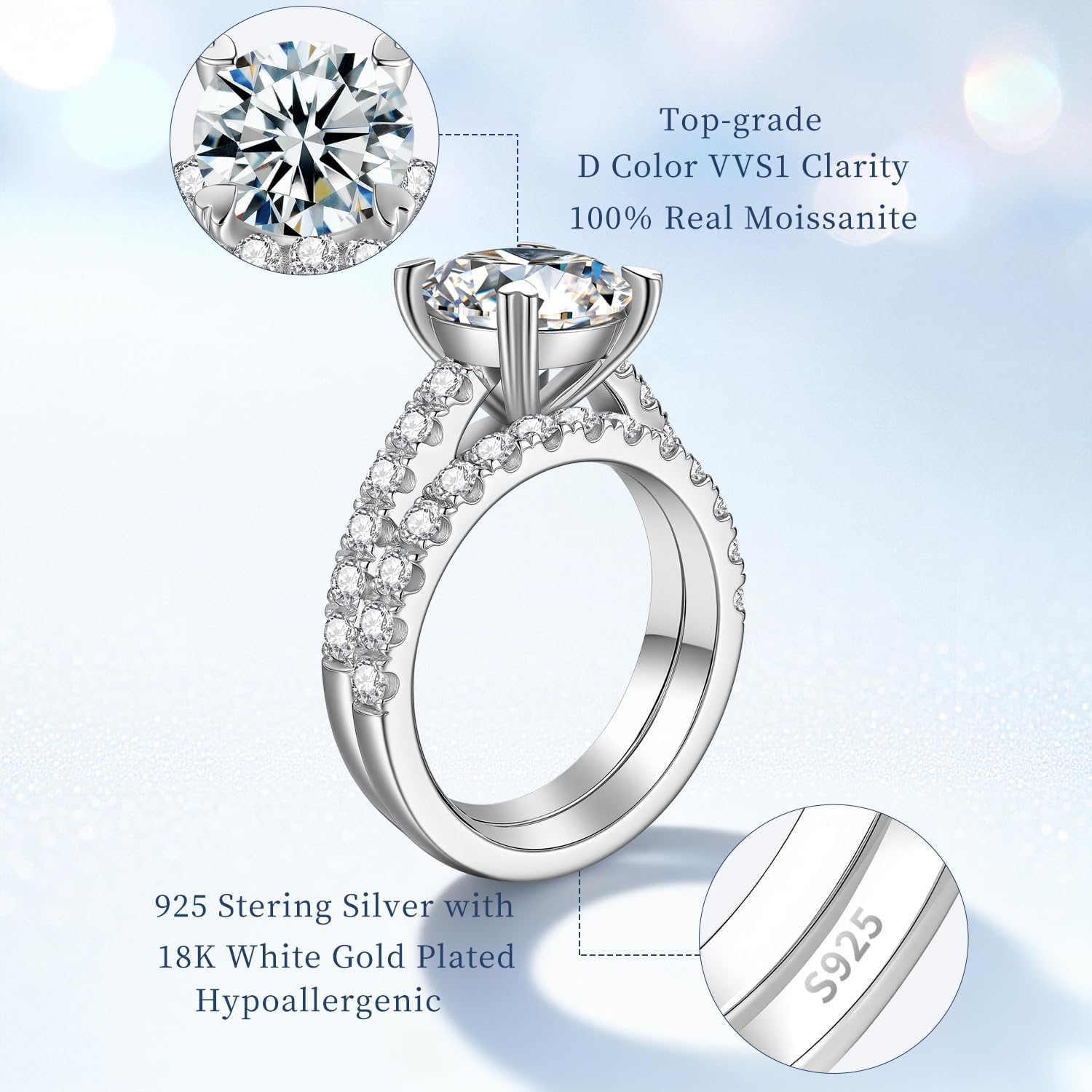 Total 4.8cttw(3.5CT Center Stone) Moissanite Wedding Bridal Rings Set, Thickened 925 Sterling Silver Band, Round Cut D Color VVS1, Engagement Promise Rings with Certificate, Ideal Gift for Women