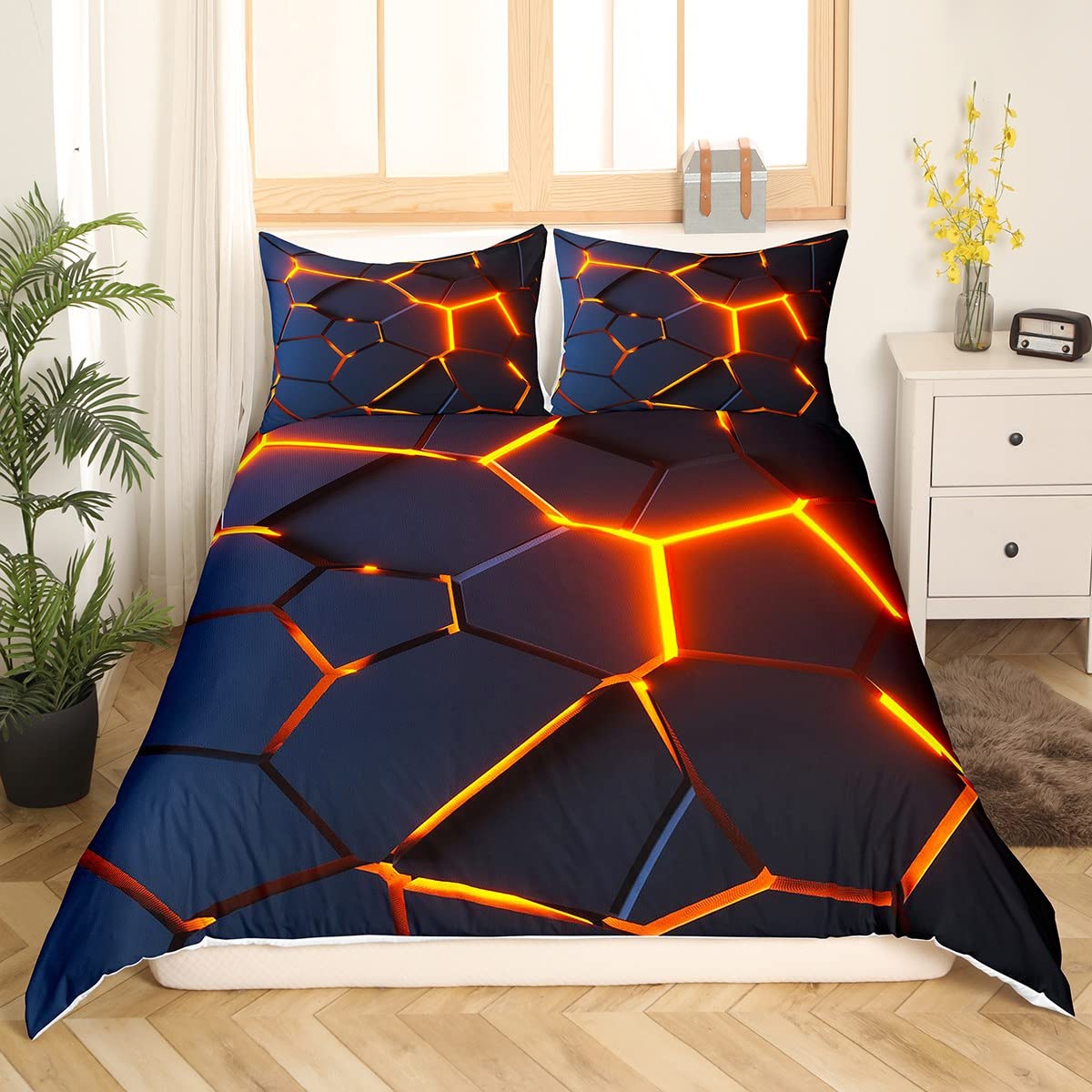 Honeycomb Bedding Set Red Black Fire Hexagonal Comforter Cover for Kids Boys Girls Beehive Geometrical Duvet Cover Breathable Simplistic Single Boys - Image 4