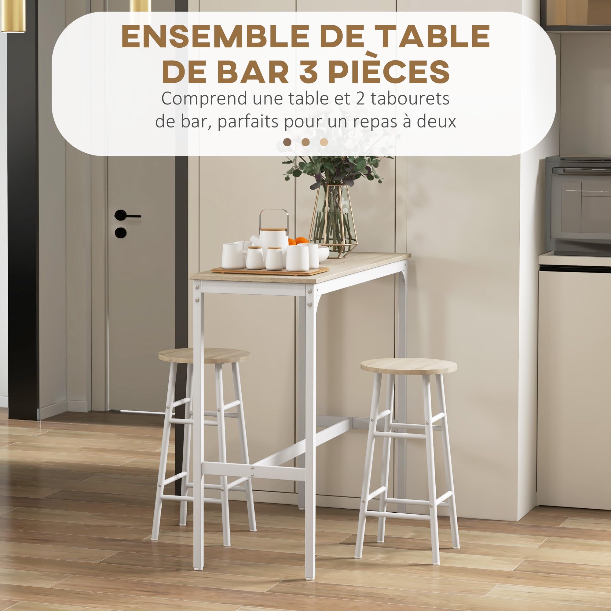 HOMCOM Set tavolo da bar bistrot + 2 sgabelli con poggiapiedi, tavolo mangia in piedi, struttura in acciaio, design industriale, tavolo alto da cucina, piano effetto legno naturale, bianco
