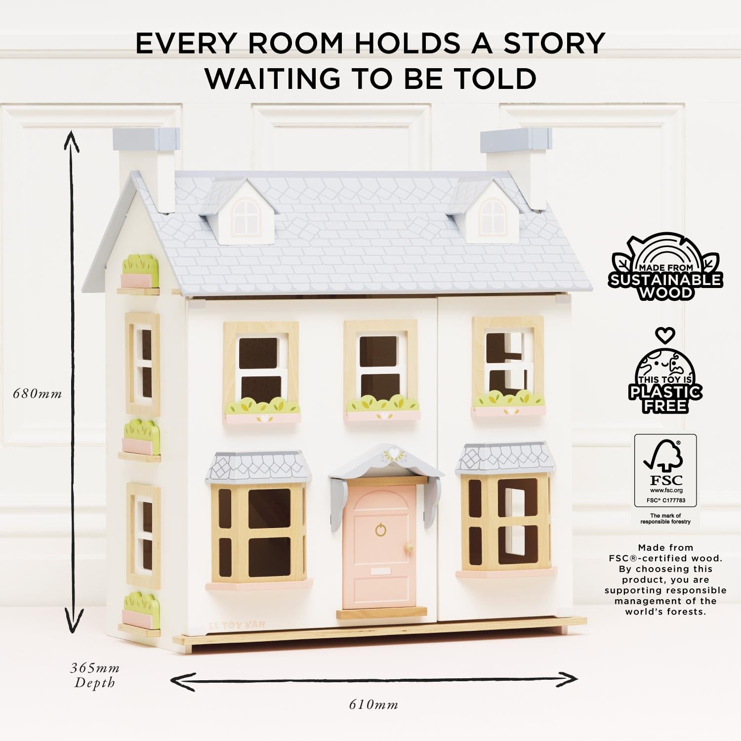 Le Toy Van – Mayberry Manor großes Puppenhaus aus Holz | Puppenhaus-Spielset aus Holz mit 3 Etagen für Mädchen & Jungen – Geeignet für Kinder ab 3 Jahren | Nachhaltiges Puppenhaus Spielzeug aus Holz, ab 3 Jahren, FSC-zertifiziertes Holz, 100% plastikfrei