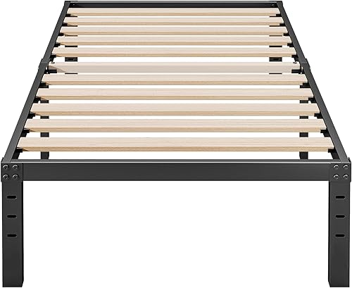 Marco de cama de metal individual de 18 pulgadas con listones de madera resistentes, no necesita somier, plataforma duradera y resistente, tamaño