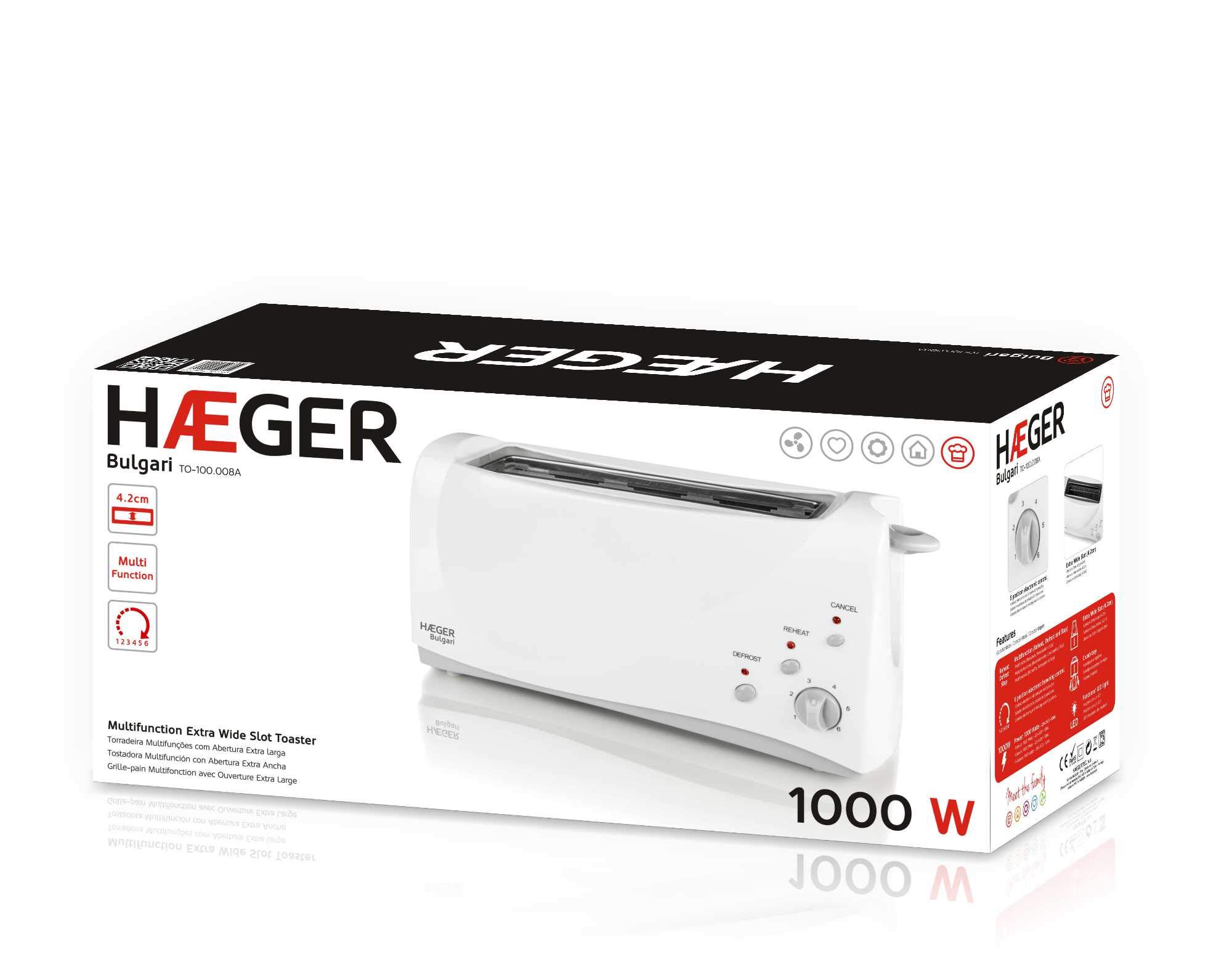 HAEGER BULGARI - Tostadora Multifunción con 1000W - Ranura Extra Larga, Control de Tostado - 6 Posiciones, 3 Funciones: recalentar, descongelar y cancelar, Impulso Extra para pequeñas rebanadas