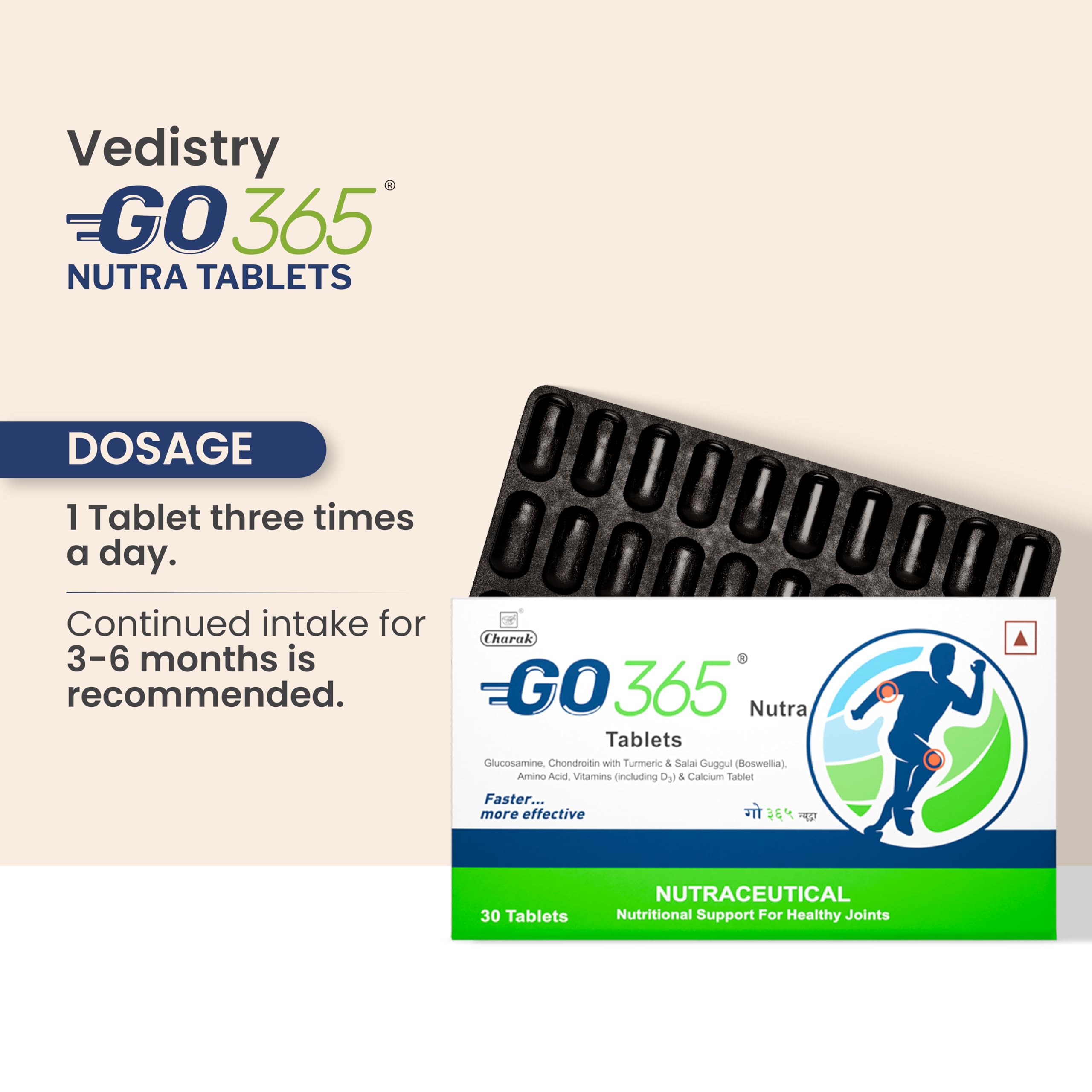 Vedistry Go365 Nutra Tablets | Ayurvedic Pain & Mobility Support | Helps Reduce Stiffness, Strengthen Bones & Flexibility | Daily Joint Health Supplement with Glucosamine, Chondroitin & Curcumin β 30 Tabs (Pack of 1) 1
