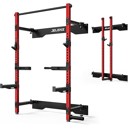 Folding Squat Rack, Wall Mounted Power Rack for Home Gym, Space Saving Multi-Functional Power Cage with Attachments