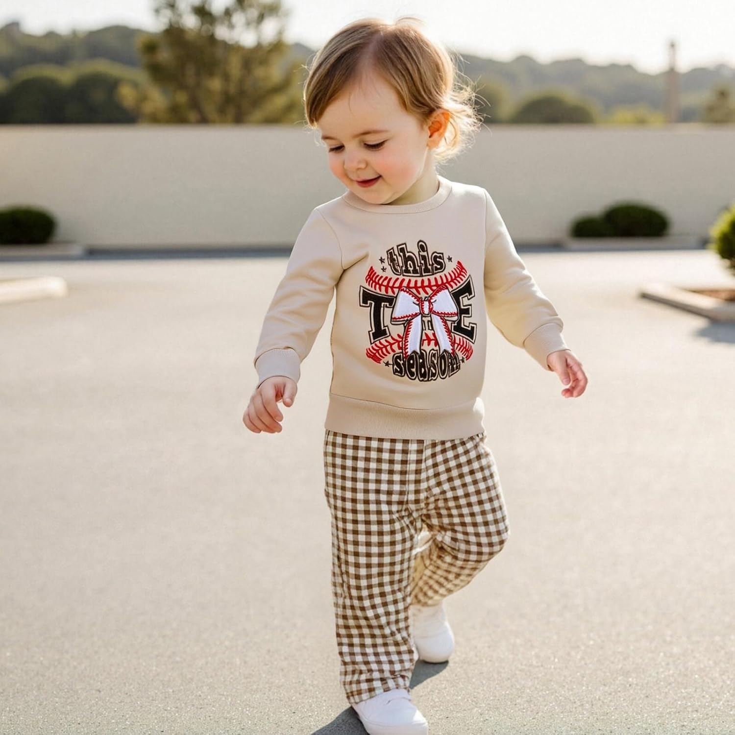 Newborn Baby Boy Baseball Outfits Letter Baseball Embroidery Long Sleeve Sweatshirts and Plaid Long Pants Set Beige 12-18 Months image 4 of 8 B0FB35NRMW