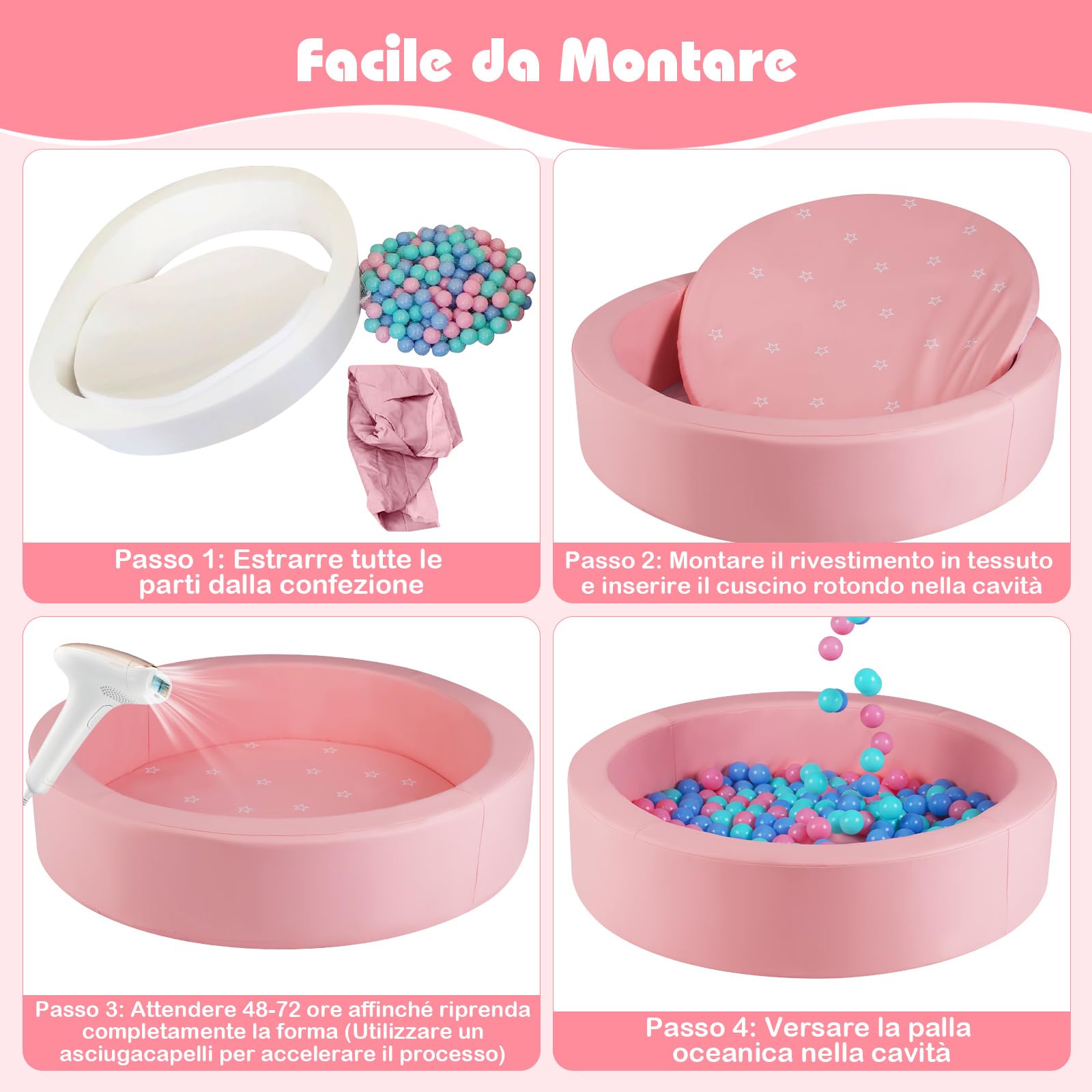 COSTWAY Piscina di Palline per Bambini, Vasca Rotonda con 200 Palline Colorate, Sacchetto in Rete e Copertura Rimovibile, Piscinetta in Morbida Schiuma per Soggiorno e Camera di Bambino (Rosa)
