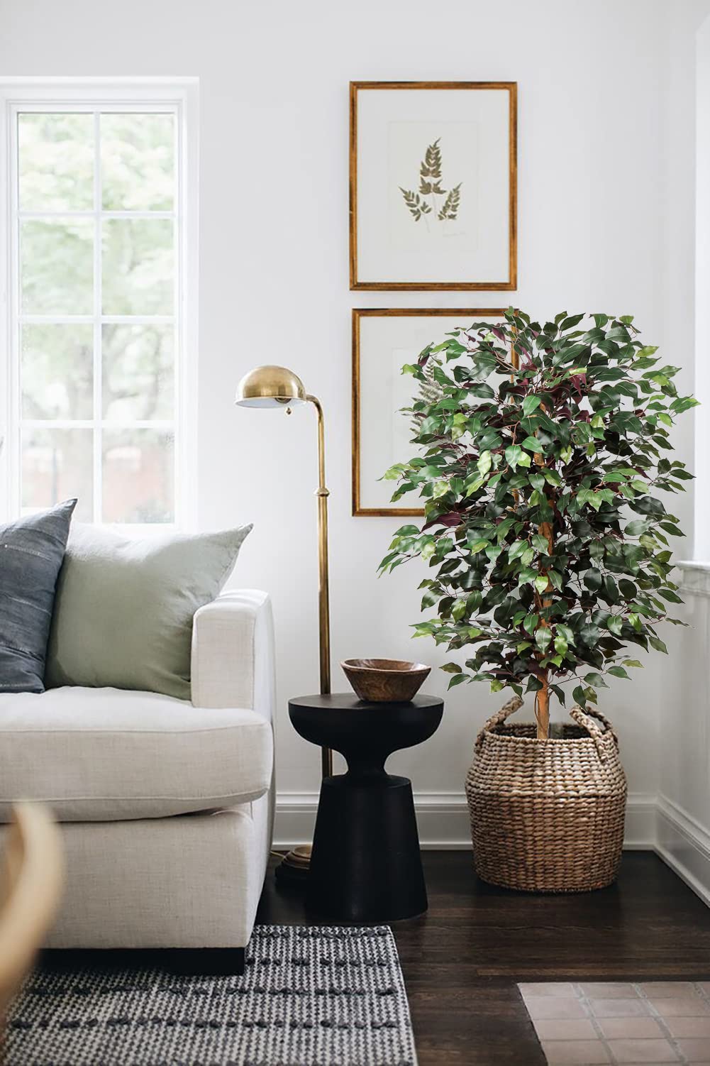 plant Artificial Ficus Tree 5ft in Cotton Pot Fake Silk Plant with Green Red Leaves Natural Trunk for Indoor Outdoor Home Garden Decor