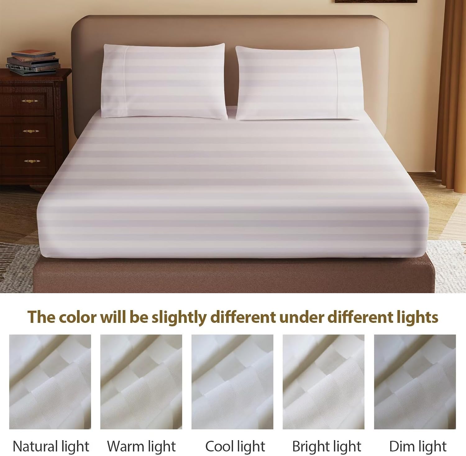 2 Pack 600 Thread Count 100% Egyptian Cotton Fitted Sheet Only, Queen Size Fitted Sheet 2 Pcs, 16" Deep Pocket Cotton Bottom Sheet Only, Soft Cool, Breathable, Durable(Ivory Stripe Queen)