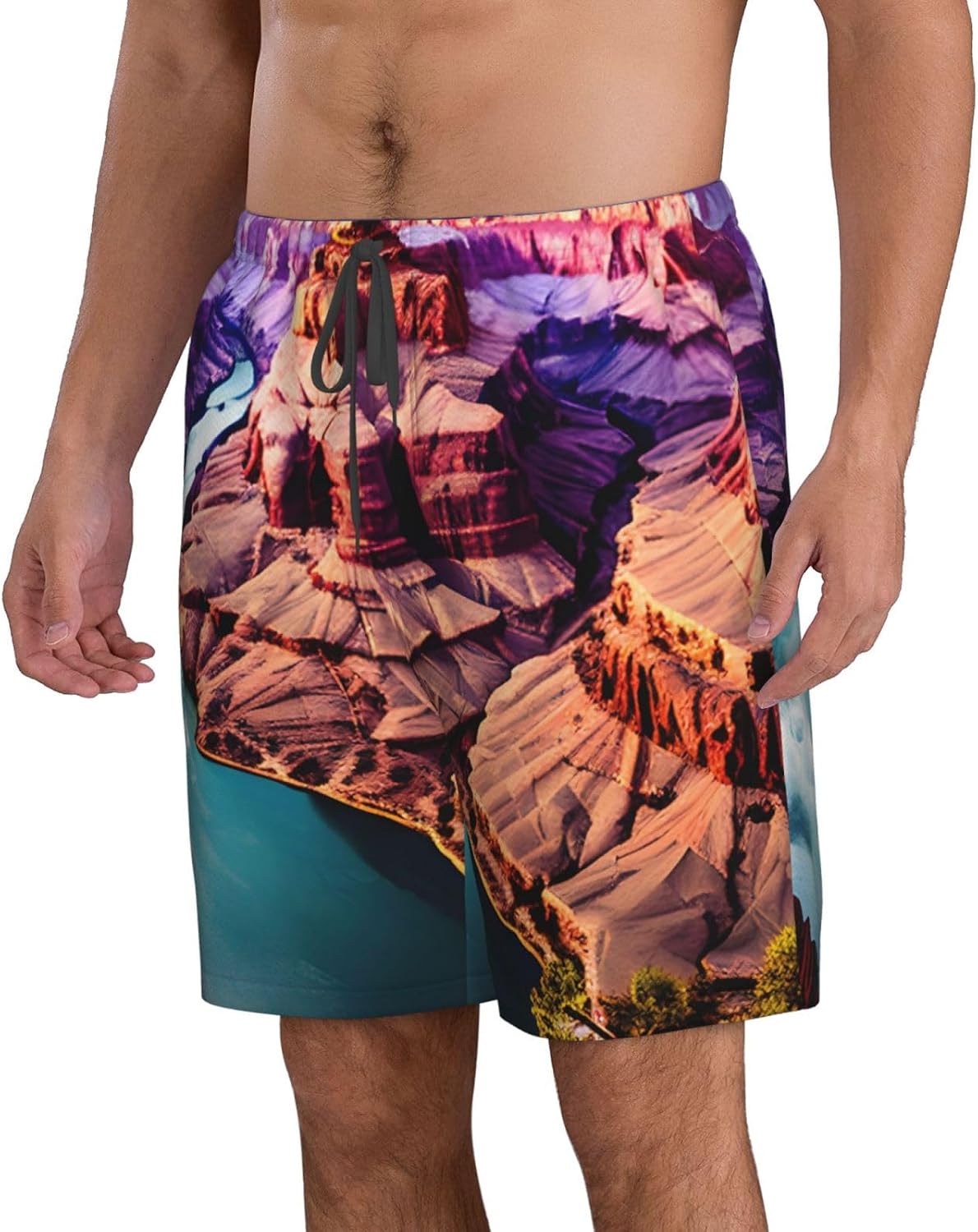 Beauty Grand Canyon Print Men's Quick-Drying Shorts Casual Beach Pants Stretch Waist Shorts and Pockets
