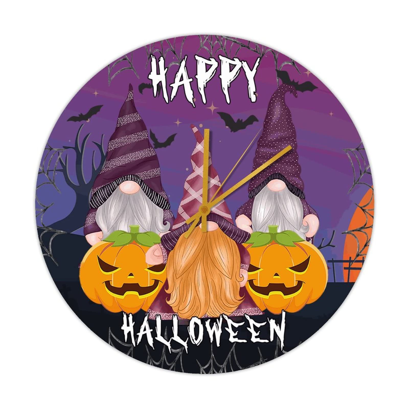 Horloge murale ronde en bois Happy Halloween Gnome rustique 38cm pour decoration de cuisine