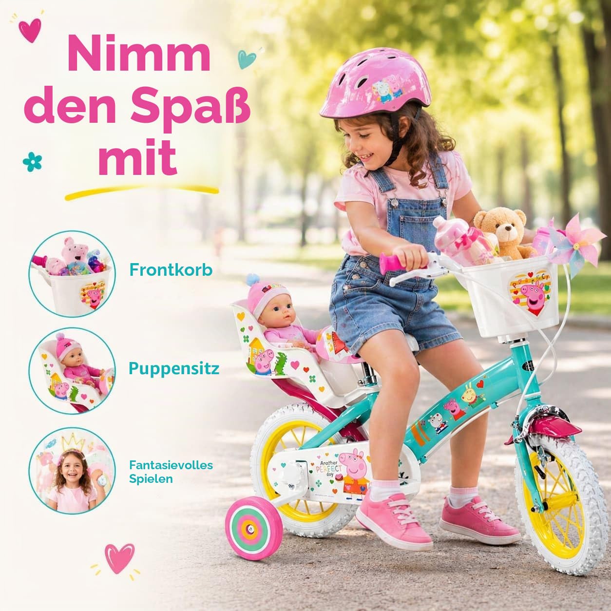 Kinderfahrrad Peppa Pig 12 Zoll mit Stützrädern Korb Puppensitz 3-5 Jahre