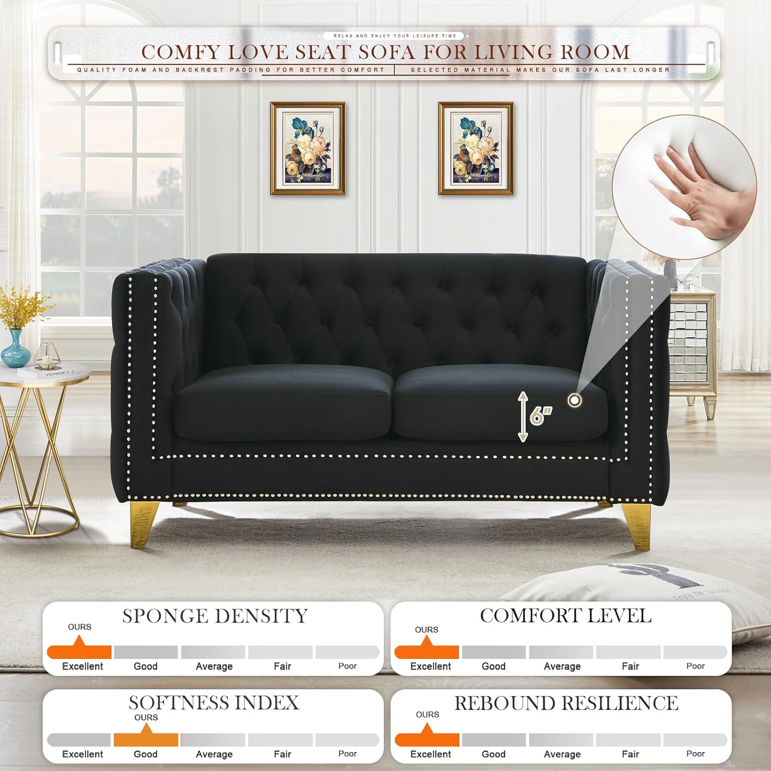 58-Inch Velvet Loveseat Sofa, Comfy Couch for Living Room, Modern Sofa with Tufted Back and Rivet Decoration, Upholstered Small Love Seat with Solid Golden Metal Tapered Legs, Black