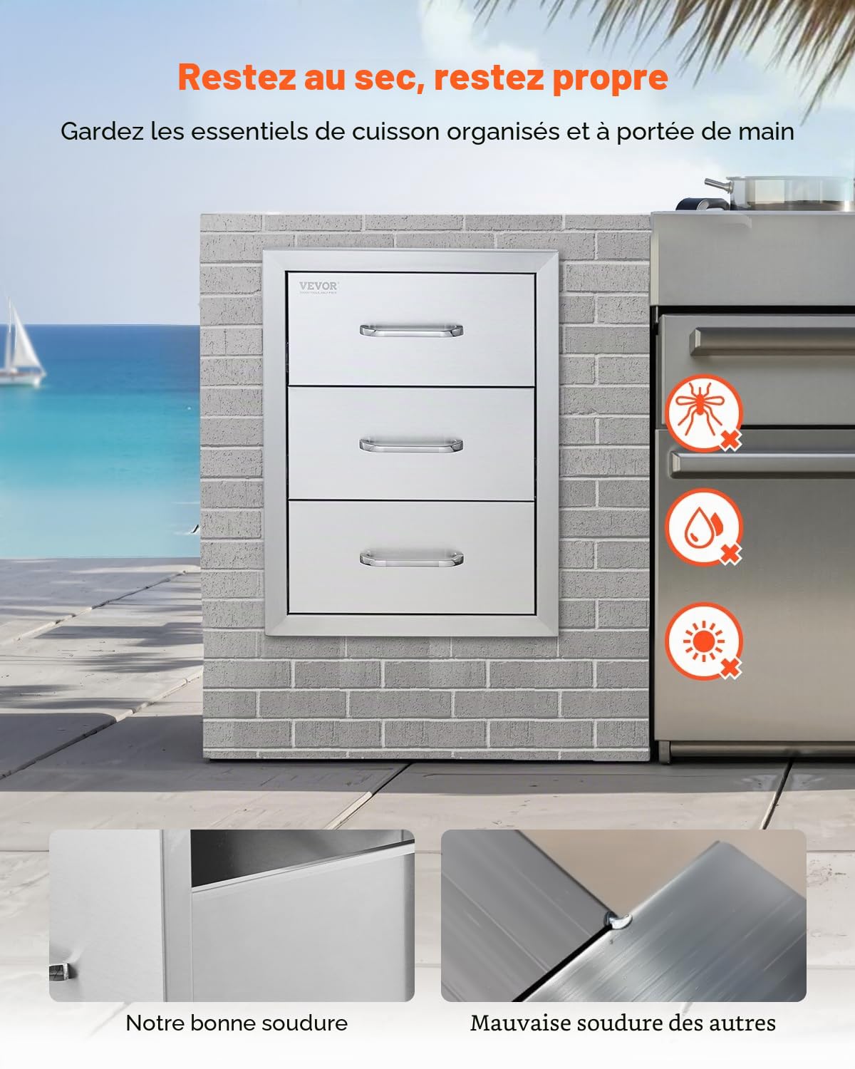 VEVOR Tiroirs de cuisine d'extérieur 40,6 x 54,6 x 45,7 cm (l x H x P) – Tiroirs de barbecue encastrés à triple accès avec poignée en acier inoxydable, îlot de barbecue pour cuisine extérieure ou îlot