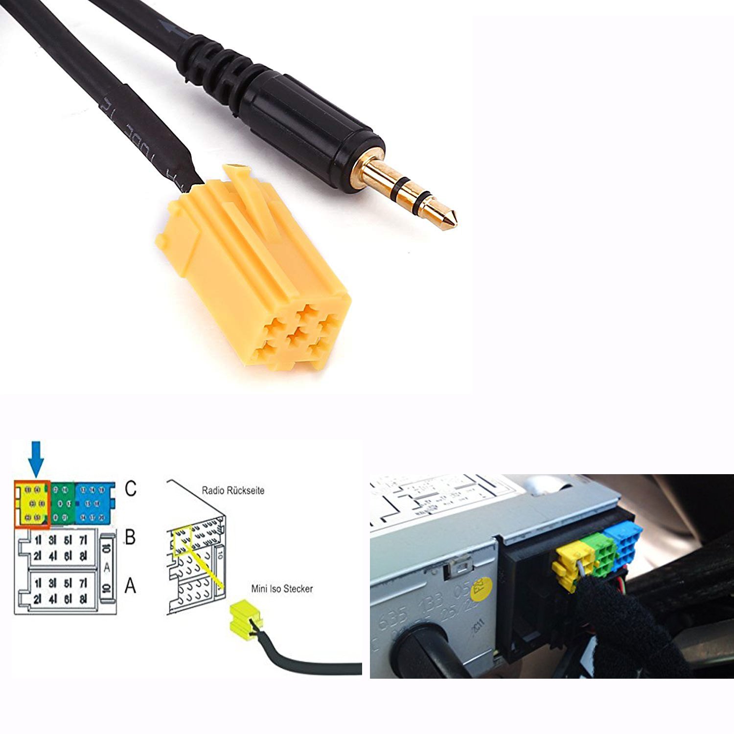 GeekerChip adattatore cavo AUX verso Jack da 3,5 mm e 2 chiave di smontaggio autoradio per Fiat Grande Punto Alfa Romeo 159