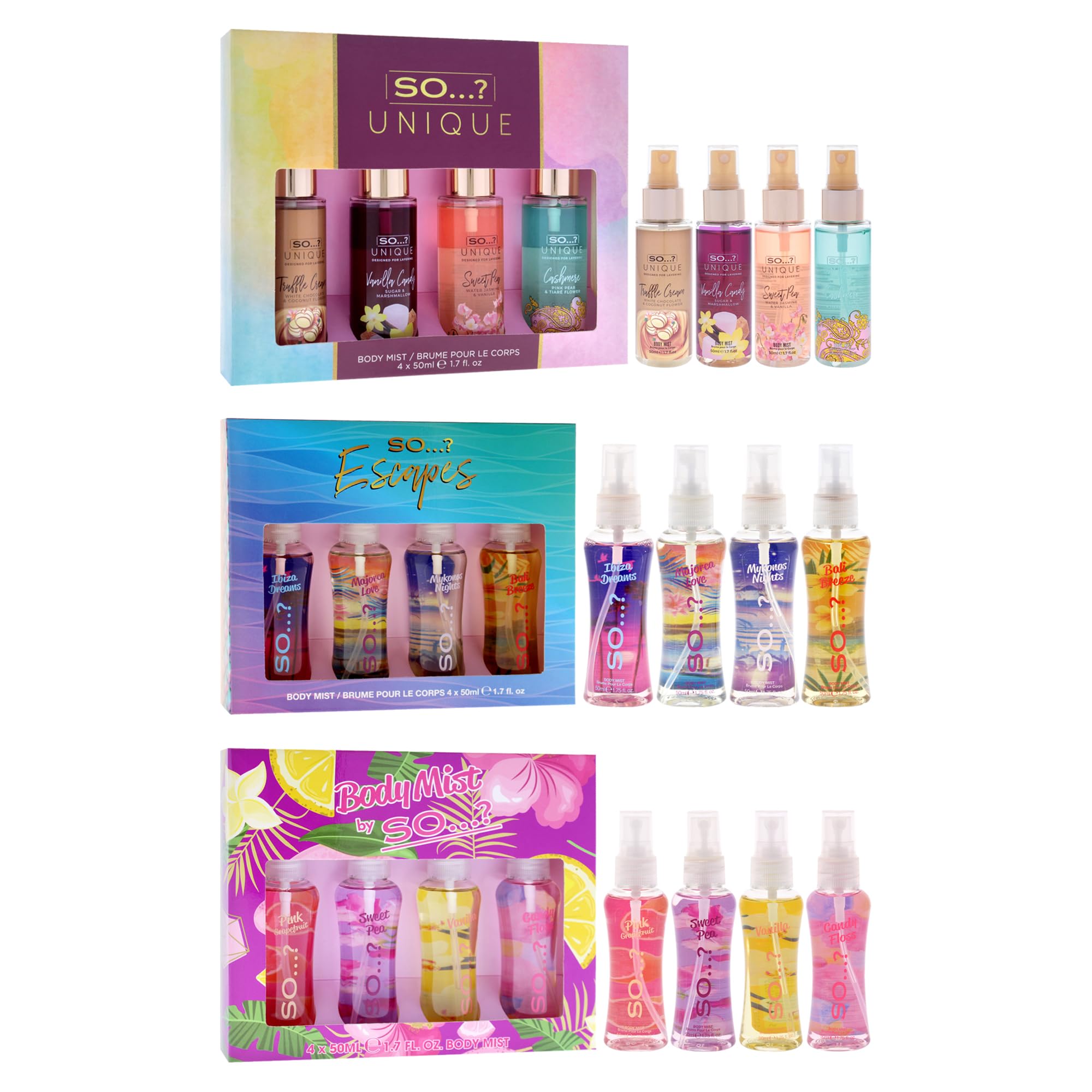 So…? Summer Escapes, Body Mist by So…? & Unique Womens Gift Sets Bundle, Body Mist Fragrance Spray (4x50ml) Pack of 3