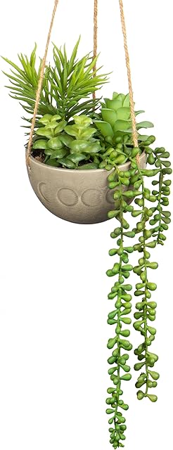 Hollyone Artificial Hanging Plants, Fake Potted Succulents with Hemp Ropes, Faux Trailing Plant Decorative Greenery Indoor Outdoor for Home Decor, Garden, Balcony, Living Room, Kitchen Decorations