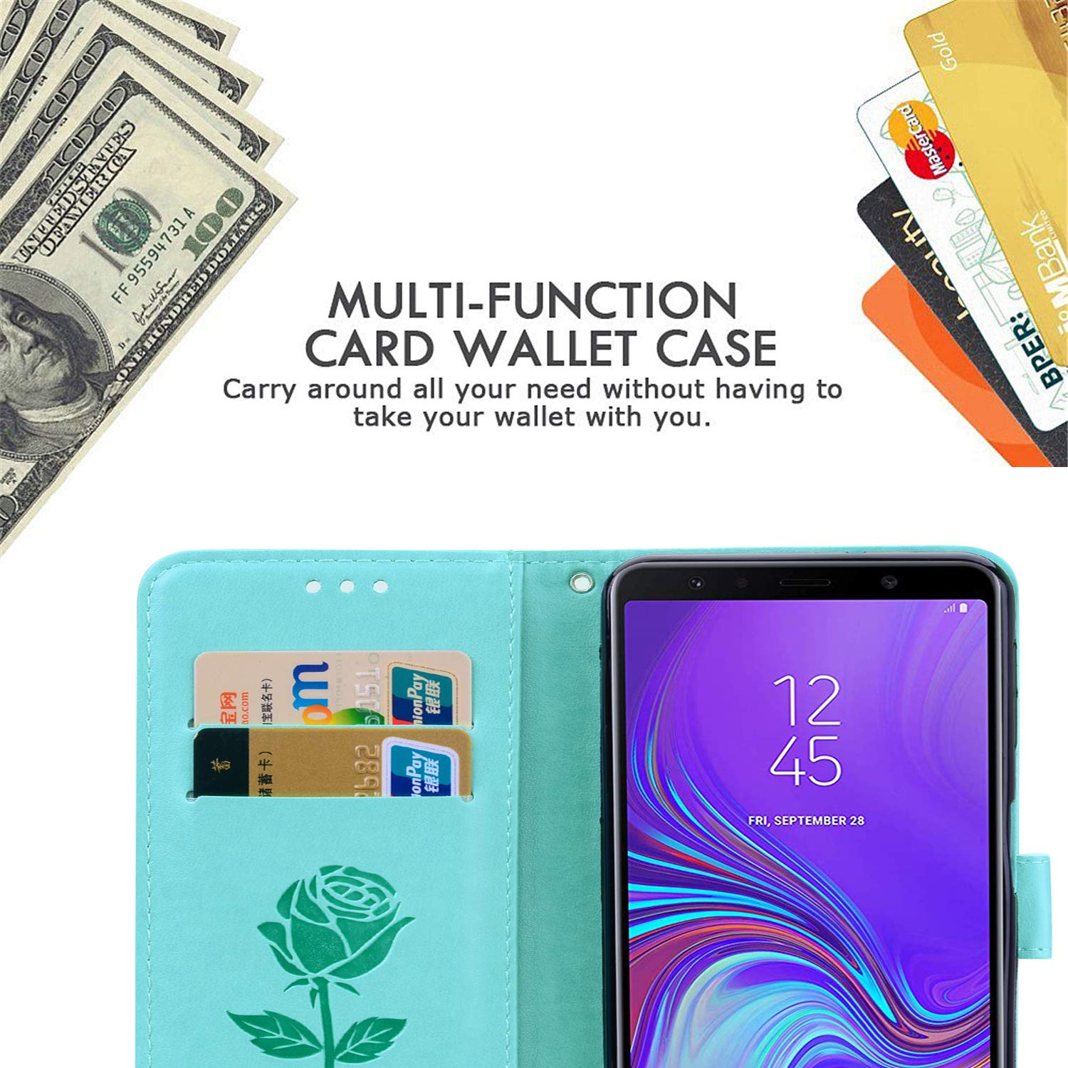 TANYO Etui kompatybilne z Samsung Galaxy A40, elegancki i piękny wzór reliefowy, stylowy skórzany portfel etui, zamknięcie magnetyczne i etui z klapką, zielone + 1 rysik