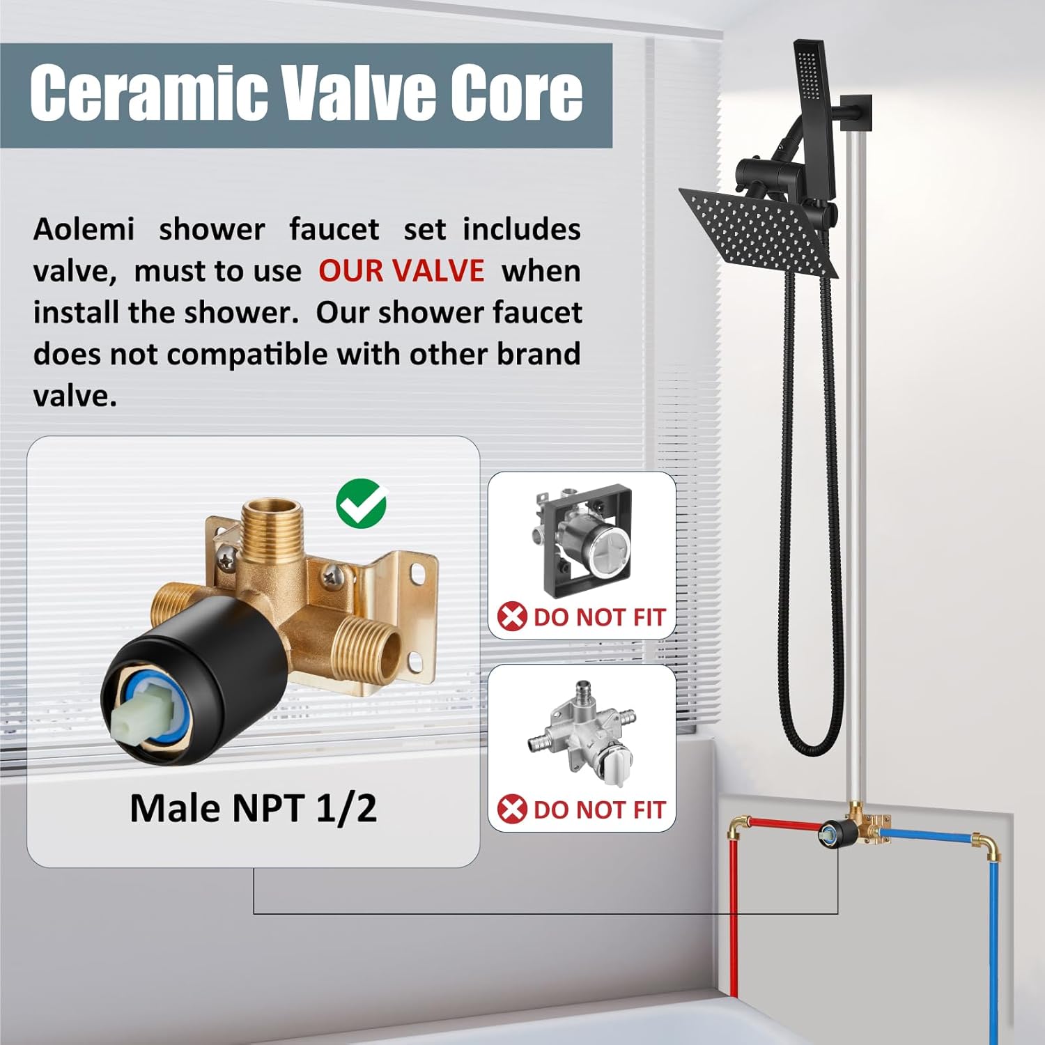 Aolemi Shower Head and Handle Set with Handheld Spray Bathroom Shower Faucet Set 6 Inch Rainfall Shower Head System Wall Mount with Rough-in Valve and Shower Trim Kit Matte Black - Image 2