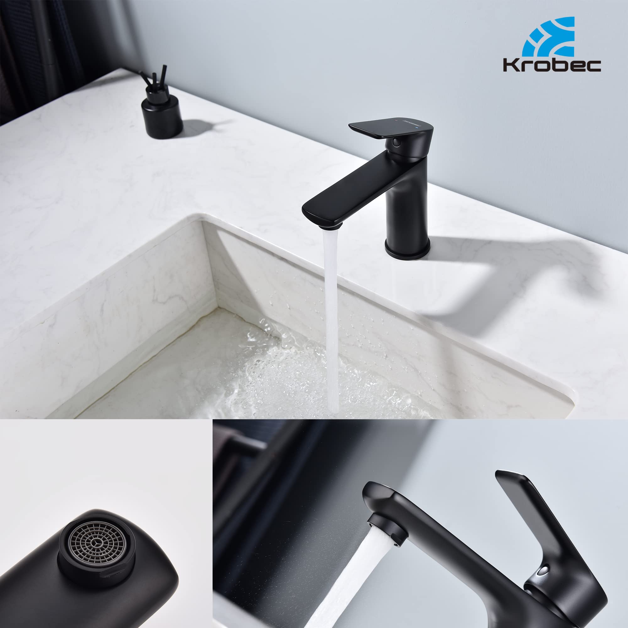 Korec Grifo de baño,Grifo de Lavabo,Grifo Monomando de Lavabo, Grifo Monomando Lavabo,Grifo Lavabo,Núcleo de válvula de latón y cerámica,Conexión EU 3/8″(negro mate).