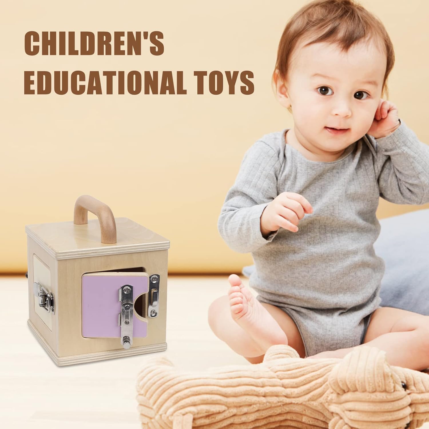 Beech Wooden Lock Box with 4 Different Doors & Various Lock Mechanisms Helps Develop Probelm Solving Skills,Montessori Wooden Educational Toy,Learning Fine Motor Skills Activity Board for 1+ Years