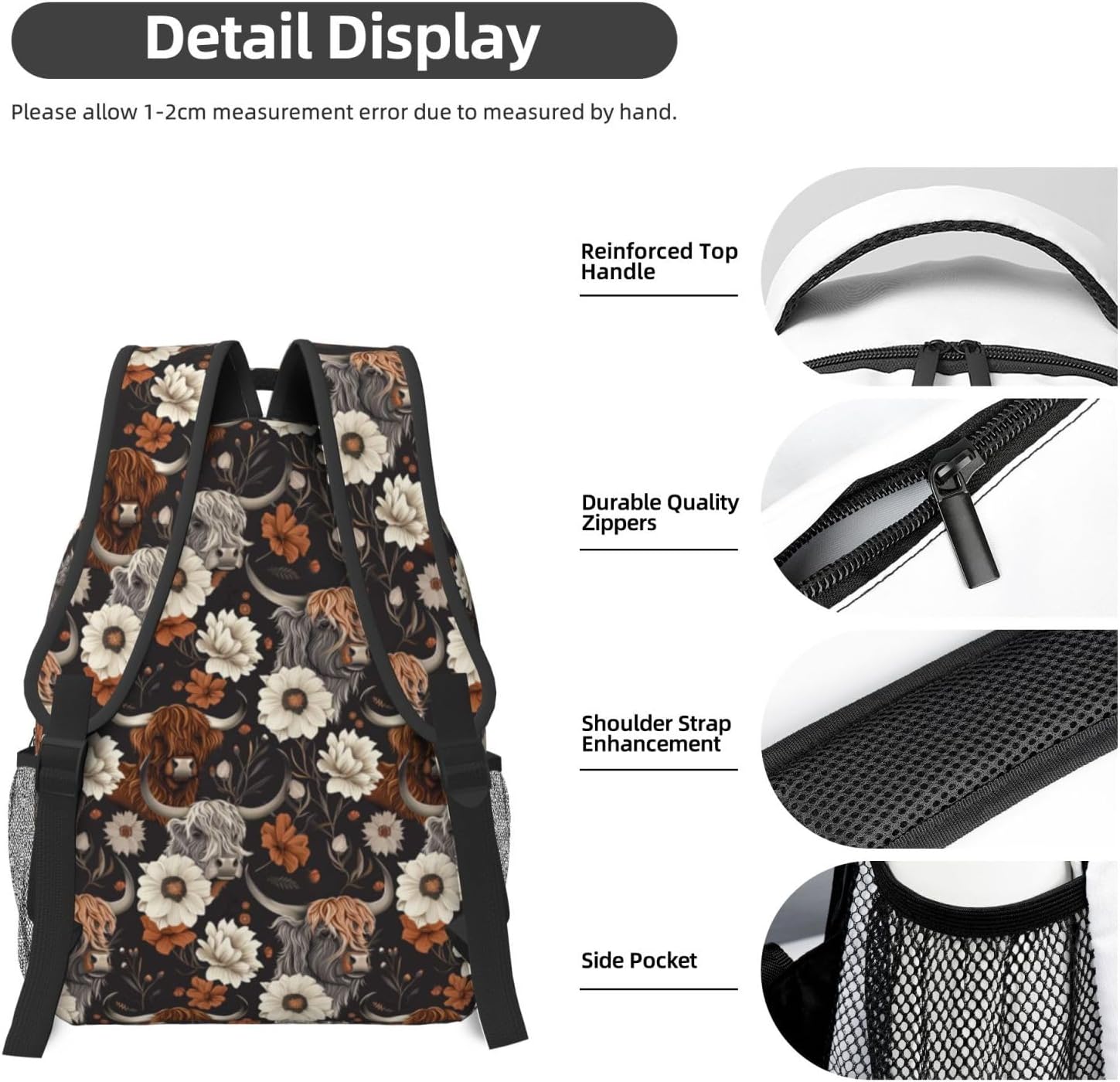 Rustic Highland Cow Backpack, School Travel Laptop Polyester Cows & Floral Backpacks for Women Kids, Work Sports Back Pack Casual Daypack, Lightweight Rucksack Gifts for Hiking Camping Gym - Image 5