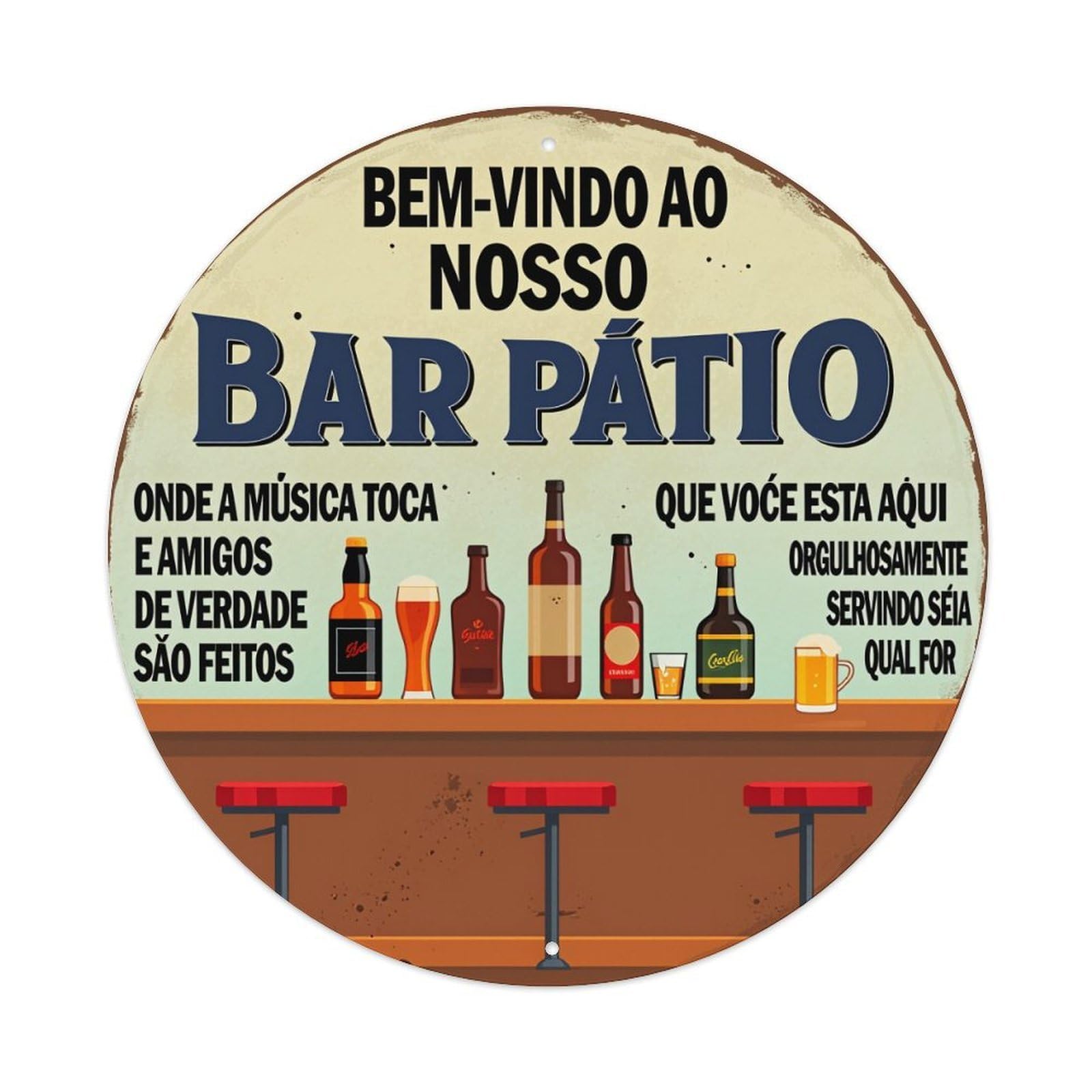 Bar Patio Welcome Sign With Beer Bottles And Stools Vintage Metal Tin Sign Retro Wall Decor for Home Bar Garage Cafe, Indoor & Outdoor Decorative，circle Metal Poster, 8x8 Inch
