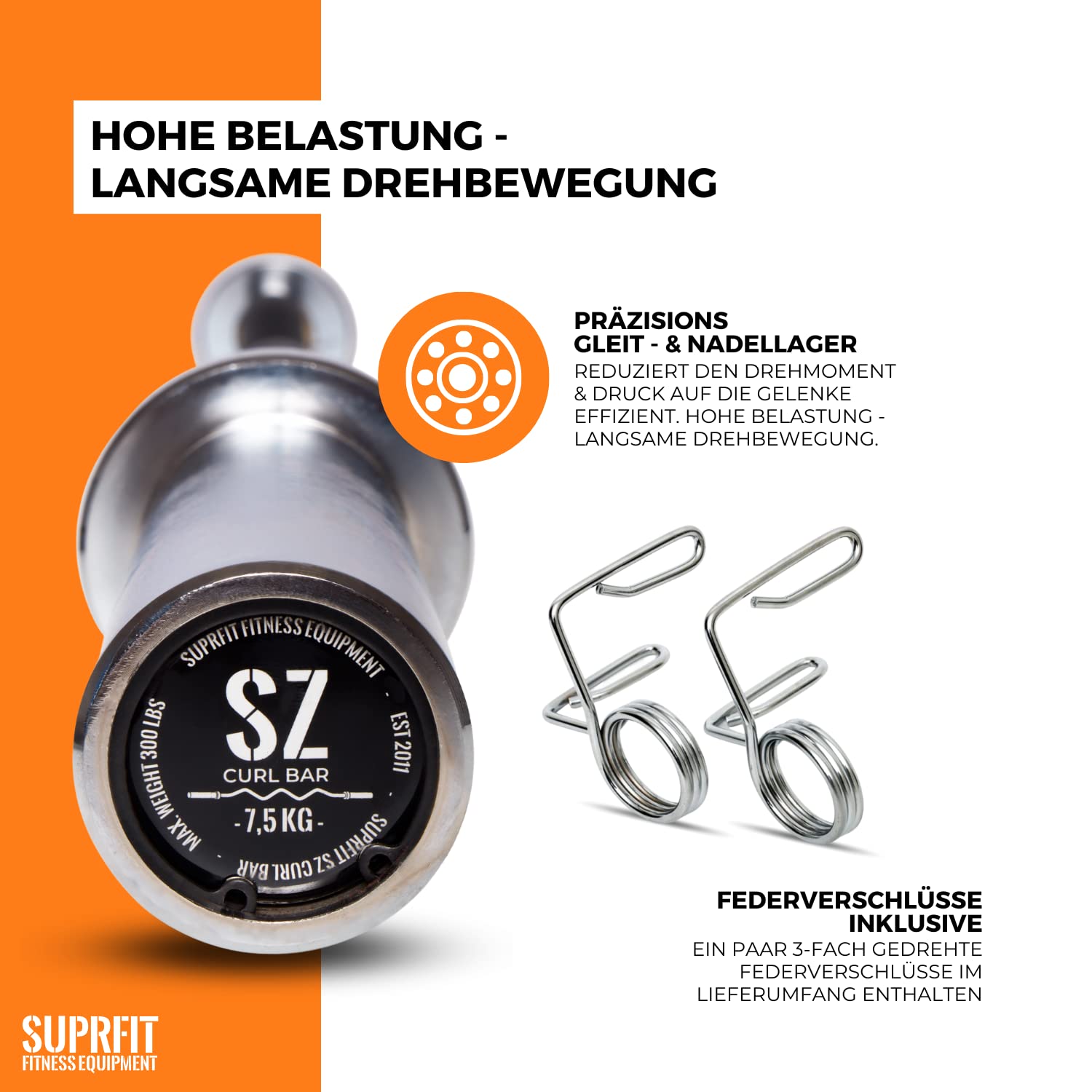 Suprfit SZ Curl Hantelstange, Profi Langhantelstange, Olympic Barbell 7,5 kg, 120 cm, 50 mm Aufnahme, Griff 25 mm, max. Gewicht 135 kg, Stahl Chrom Schwarz