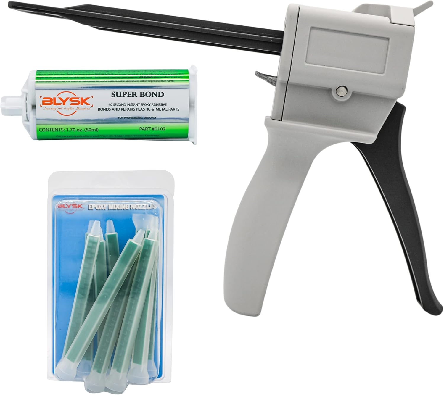 Dual Cartridge Caulk Dispensing Gun Kit 50ml (1:1 & 2:1 Ratios) with Epoxy Glue Adhesive 50ml, Bonds & Repairs Plastic & Metal Parts, Epoxy Mixing Nozzles (10) 4.5" (11.5cm)