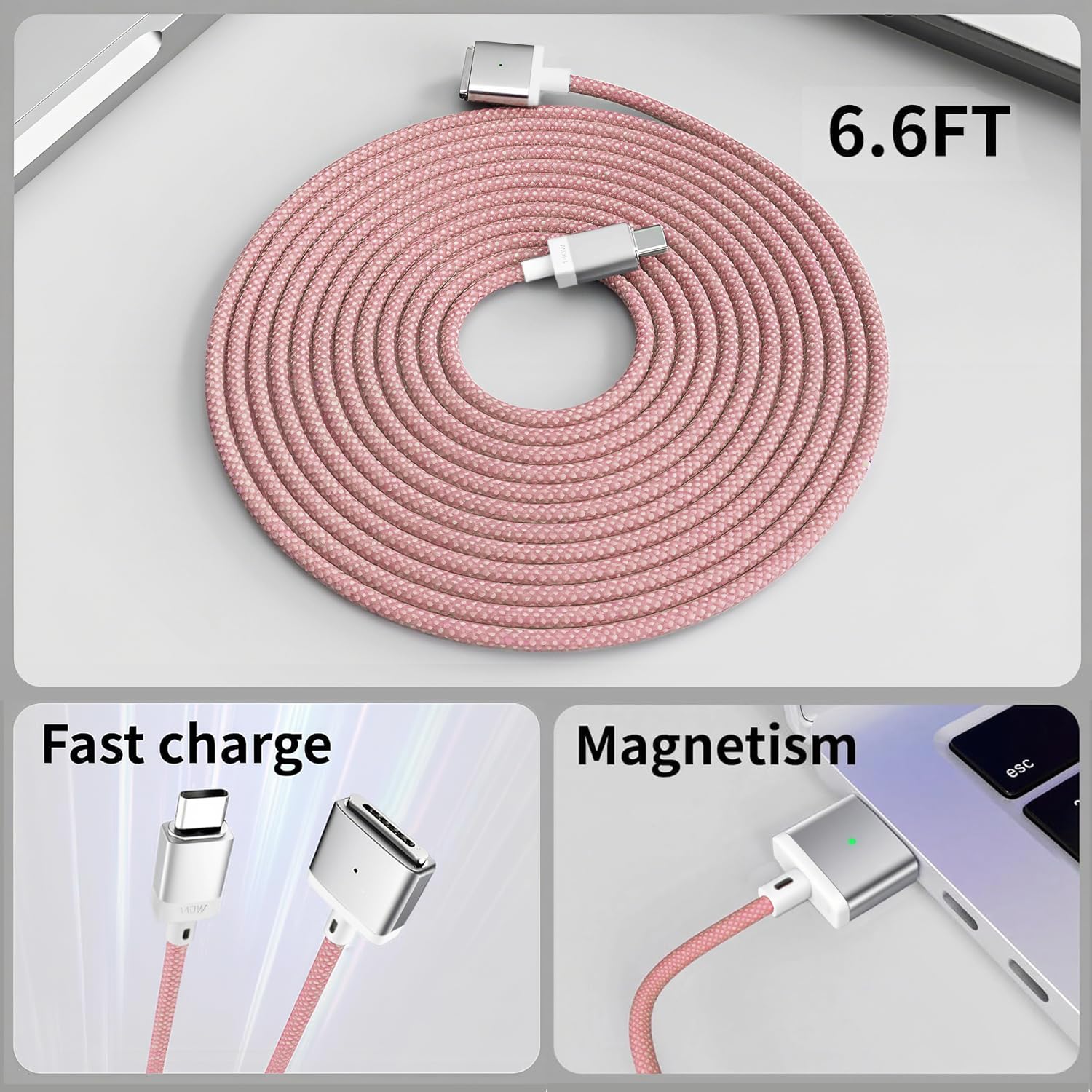 140W USB-C to Magnetic 3 Cable for M4 MacBook Air Pro Charger, (6.6FT) Magnetic Safe 3 Cable for MacBook Air (15''/13'' M4 2025, M3 2024, M2 2023, M2 2022), Pro (16"/14" 2024/2023/2021)-Pink
