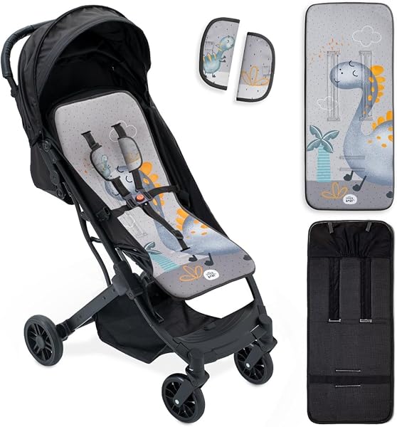 Colchoneta Silla Paseo Universal Funda Carrito Bebe Transpirable Primavera Verano Ligera Ajustable – Regalo Recien Nacido Niña/o BabyShower - Dino Gris - 1