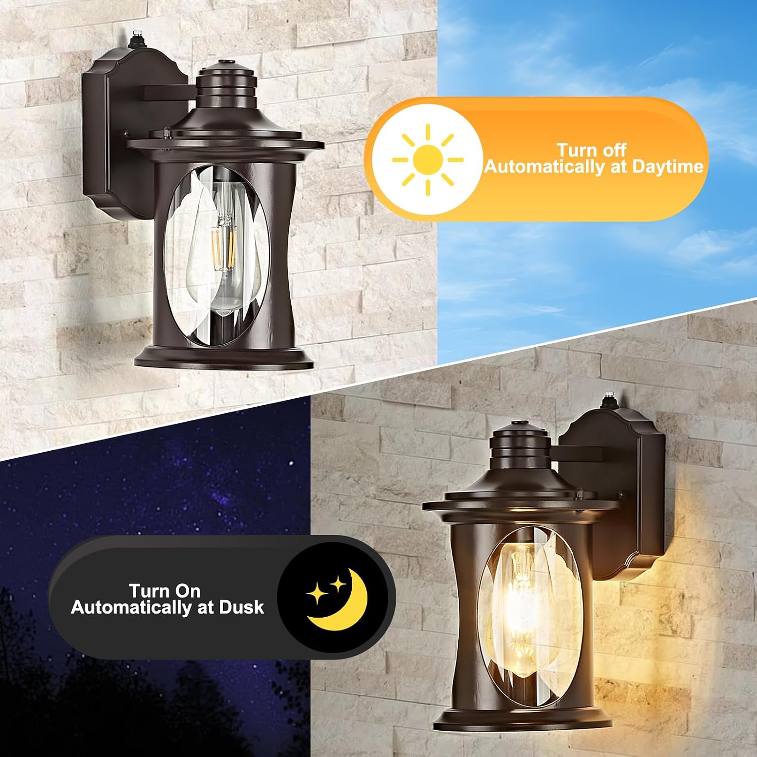 OKELI 2-Pack Dusk to Dawn Outdoor Wall Lights, Black Exterior Lighting Fixture Wall Sconces with E26 & Tempered Glass, Rust Resistant Outside Lantern Lights Wall Mounted for Porch(Brown)