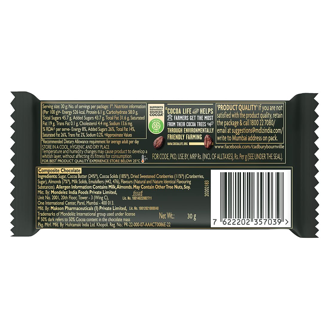 Cadbury Bournville Cranberry 50% Dark Chocolate Bar, 30 g 4
