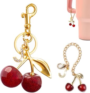 2PC Cherry Keychain Bag Purse Handbag Charms Initial Letter Keychain for Women Girl Cute Key Chain Bling Sparkly