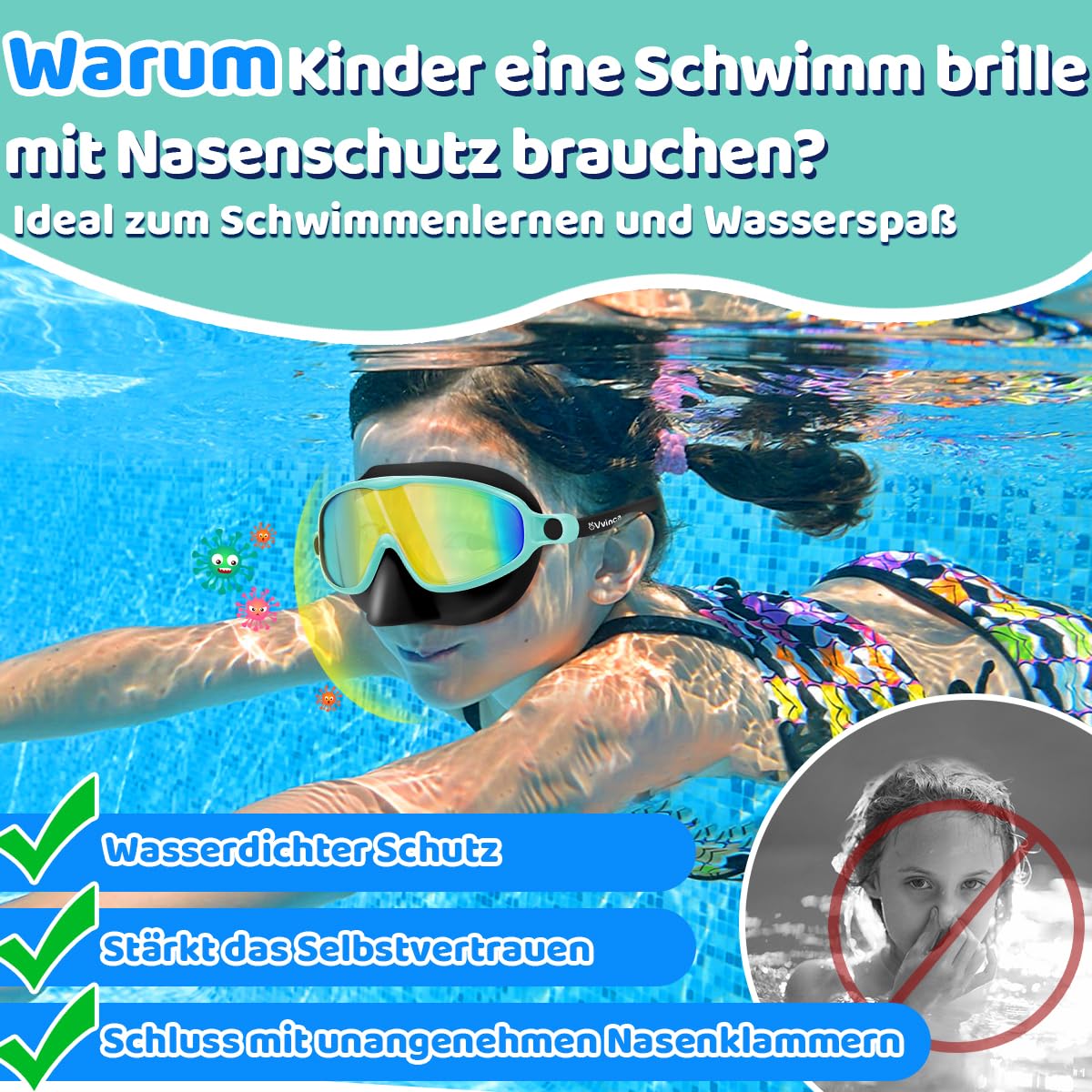 Vvinca Lot de 2 lunettes de natation avec pince-nez, étanches, pour enfants de 3 à 15 ans, grand angle, anti-buée/protection UV