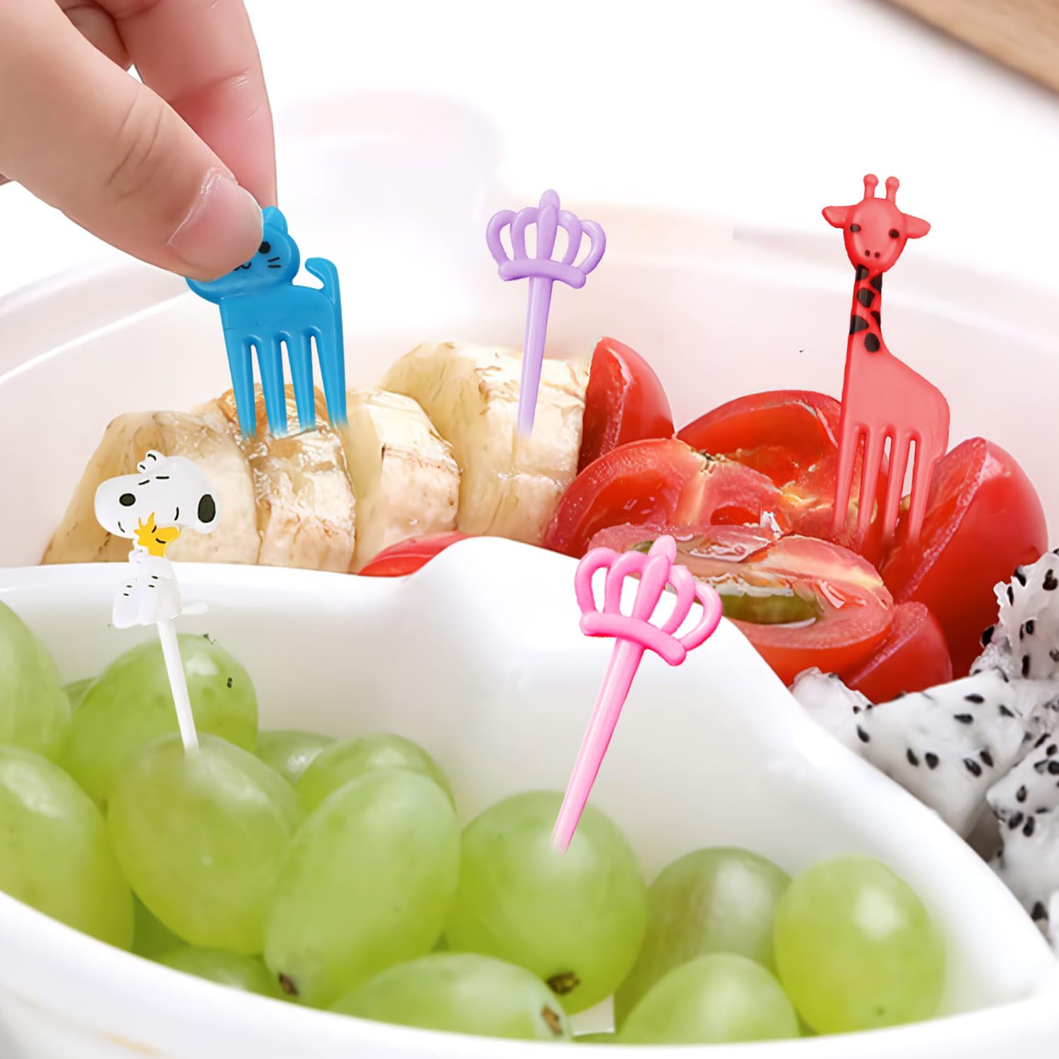 BendJoy 56PCS Fruit Fork For Kids, Cute Little Mini Cartoon Fork For Kids Eating, Toothpick Holder For Cake Dessert Pastry Party Reusable, Random Color 4