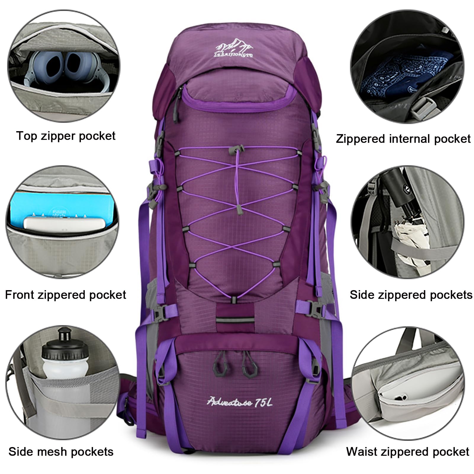 Zaino Trekking 75L Antistrappo Impermeabile con Copri Pioggia, Zaino da Viaggio Sport all'aperto Leggero per Escursionismo Arrampicata Campeggio Turismo Montagna,Viola