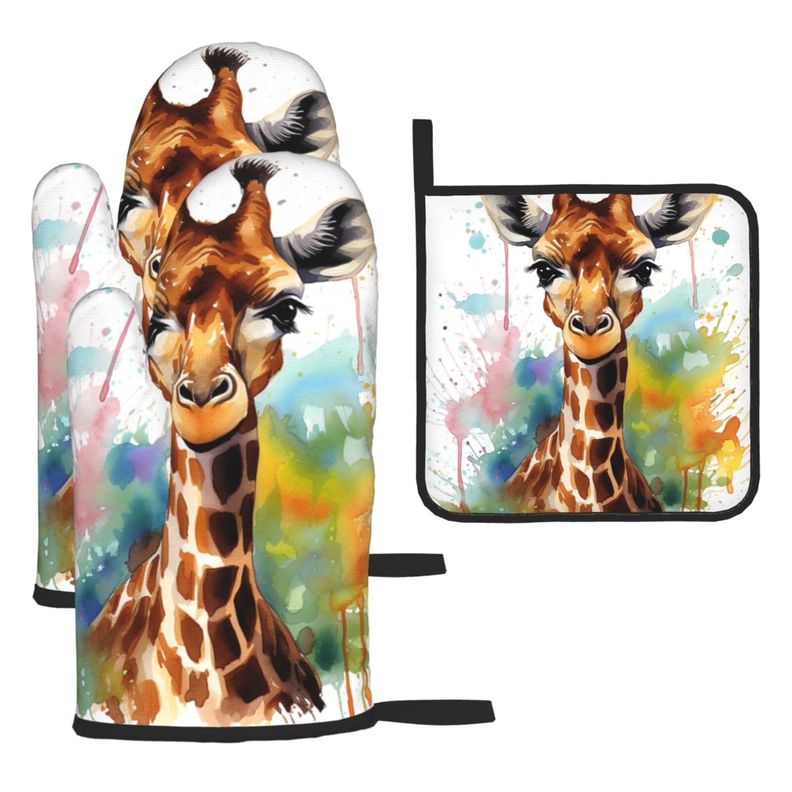Oven Mitts and Pot Holders Sets of 3 Heat Resistant BBQ Gloves Cute giraffe watercolor Oven Mitts Gloves Non-Slip Kitchen Mittens Potholders for Cooking Baking Grilling BBQ Microwave