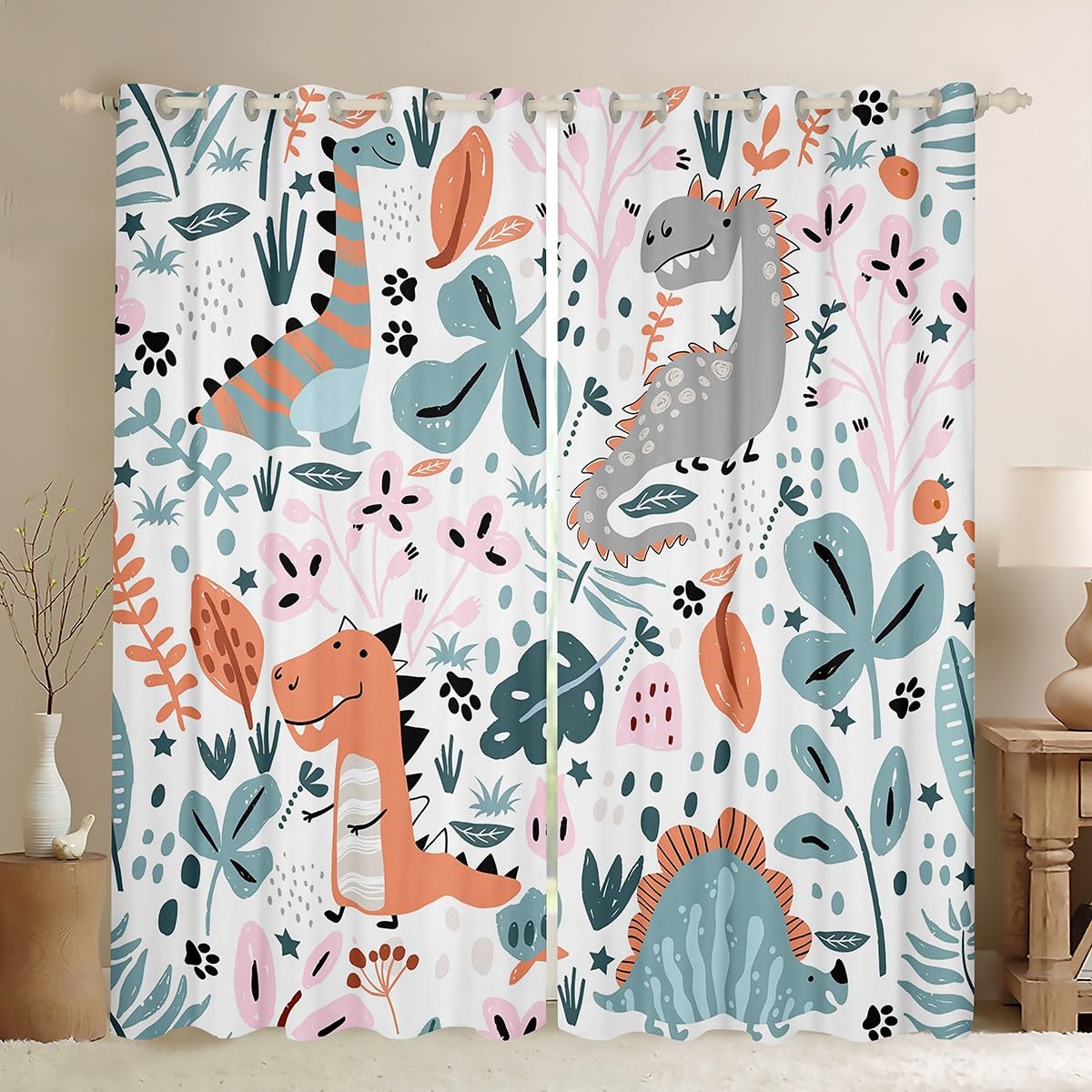 Feelyou Dinosaur Darkening Dreapes (2 Panels, 52 x 63 Inch) Cute Dino Curtains for Bedroom Living Room Kids Boys Decor Jungle Dino Blackout Curtains Wild Animal Window Treatments Floral Botanical