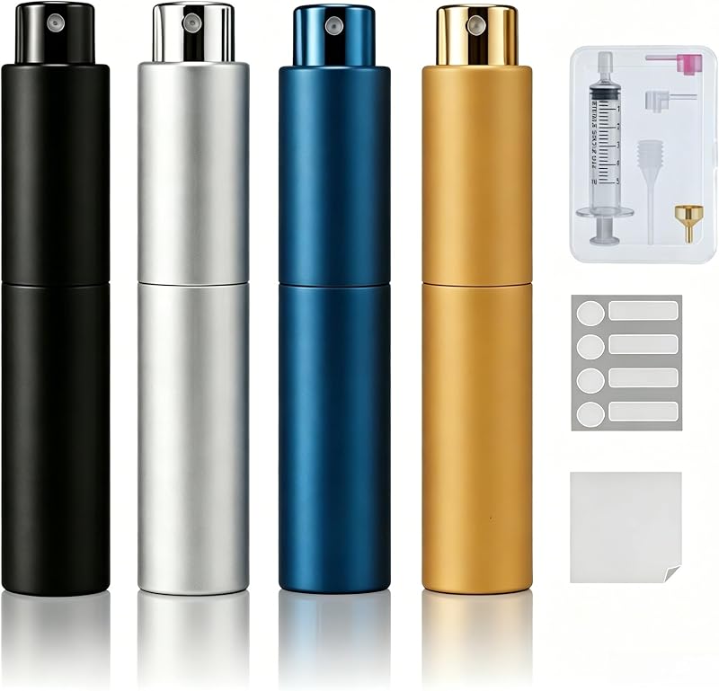 Frascos recarregáveis para perfume YELDFEERO, 10 mL, atomizadores portáteis, 4 unidades, preto, prata, azul e dourado