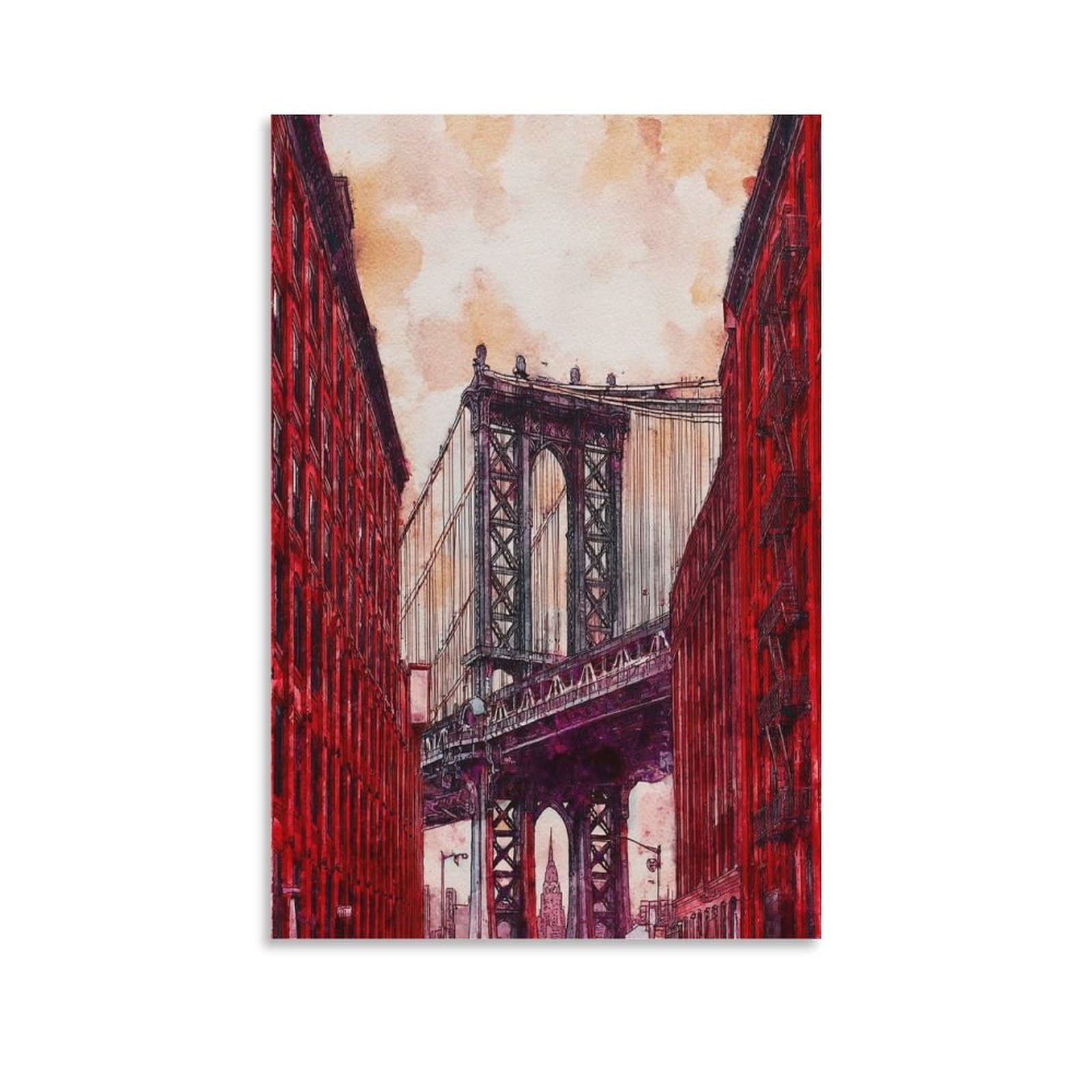 Cnaheiz Unframe-Style New York Bridge 24X36inch(60X90cm) Vintage Travel Poster Watercolor Canvas Art