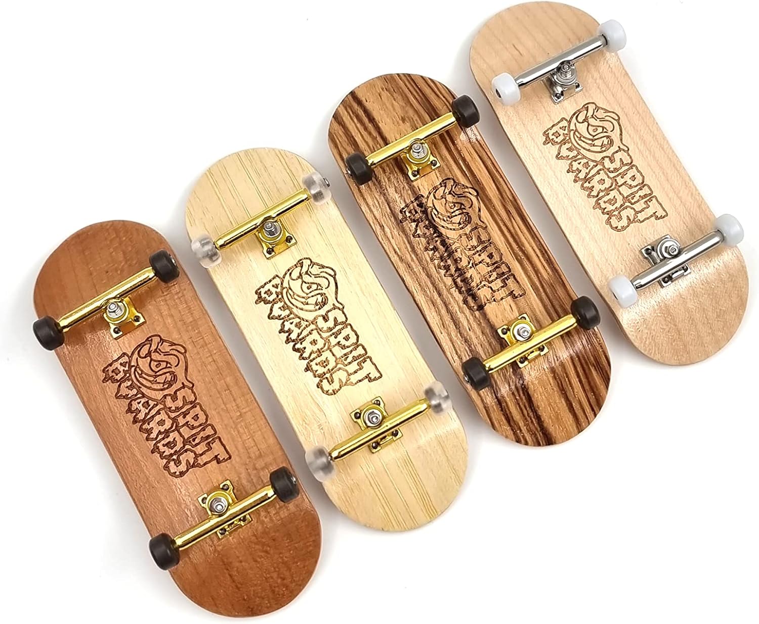 SPITBOARDS® 34 mm Fingerboard Complete Wood Pro Set-Up (Pre-Assembled, 5-Layers), Pro Trucks, CNC Bearing Wheels, Foam Grip Tape, (Deck: Bamboo Wood, Trucks: Gold, Wheels: Transparent)
