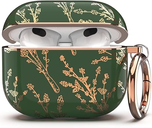 TATOFY Funda para AirPods 3 AirPods 3 para mujer funda protectora rígida con mosquetón LED visible compatible con carga inalámbrica verde dorado