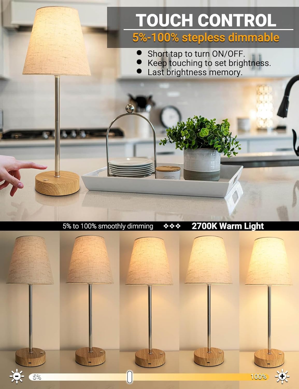 Rechargeable Cordless Table Lamp – 15'' Dimmable LED Bedside Lamps, Touch Lamps Warm Light Battery Operated LED Night Light for Bedroom, Living Room, Dining Table & Christmas Decor, 5000mAh