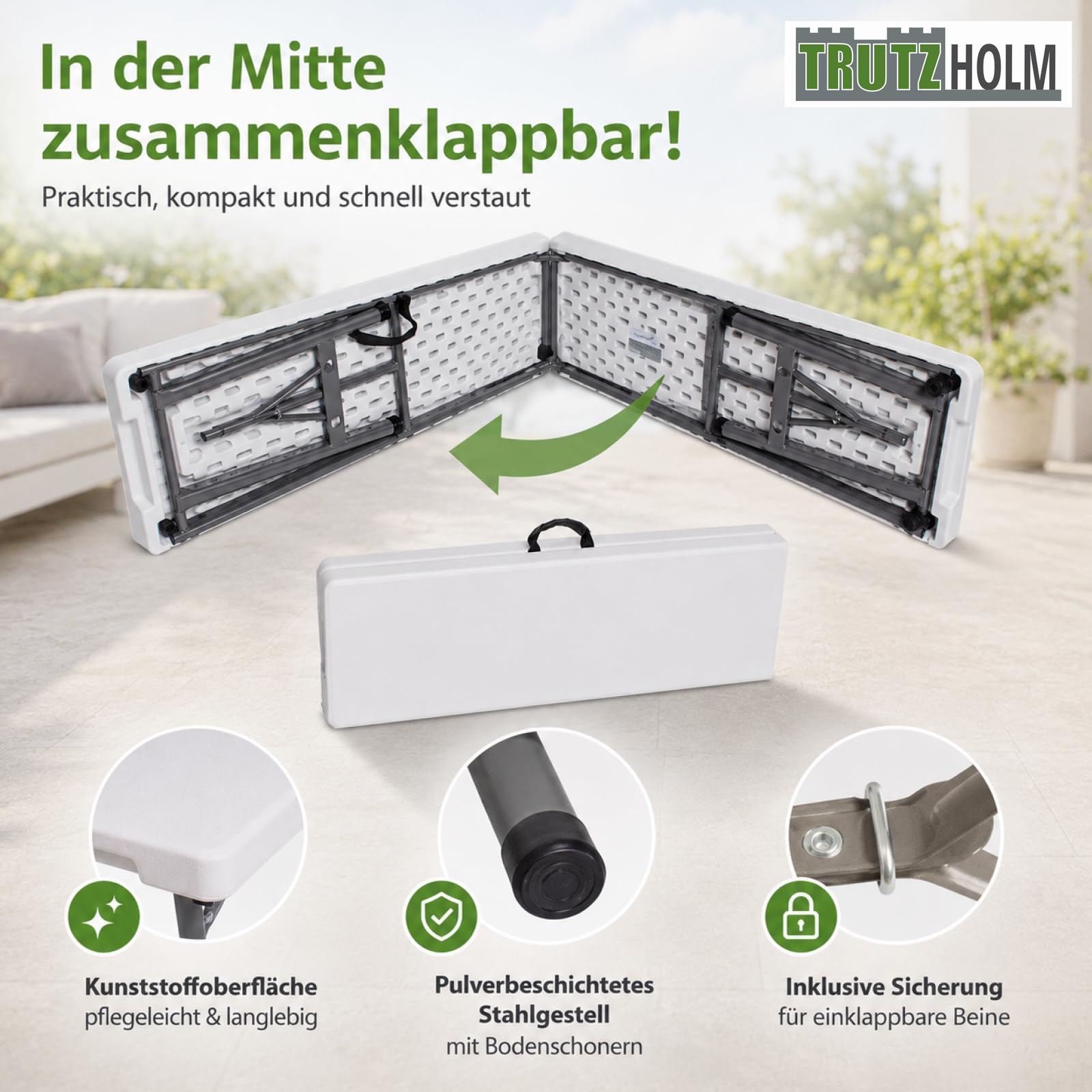 TRUTZHOLM Bierzeltbank 2er Set klappbar 180 cm für je 4 Personen, weiß, Stahlgestell pulverbeschichtet, HDPE-Sitzfläche, mit Tragegriff, witterungsbeständig, für Innen- und Außenbereich